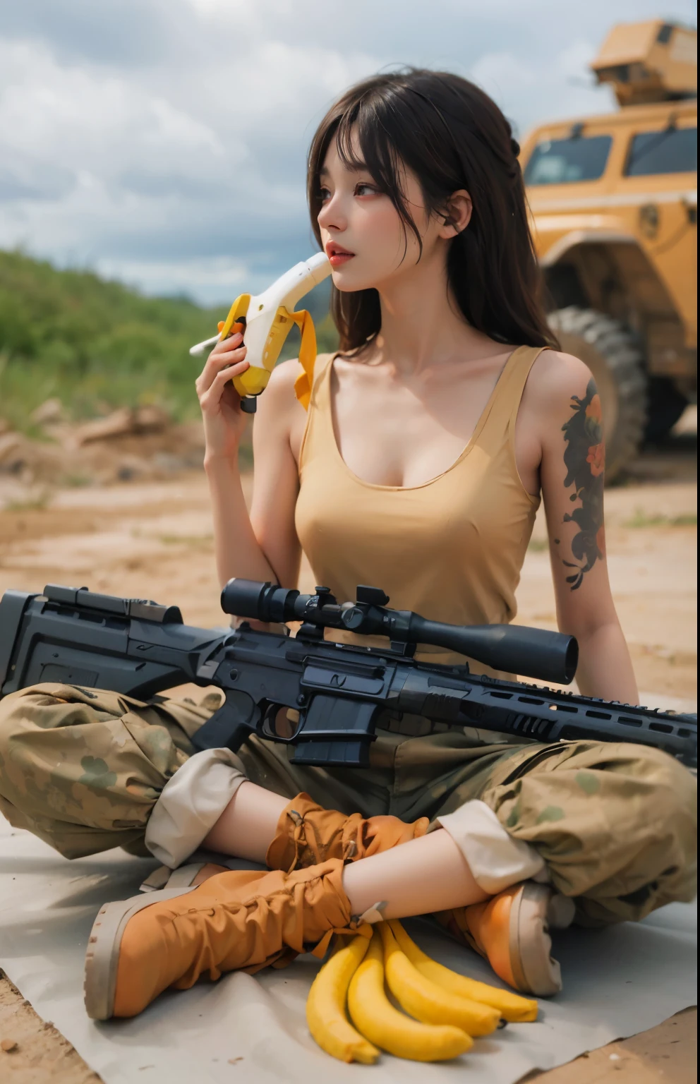 photorealistic、realistic skin texture、automatic rifle、tattoo