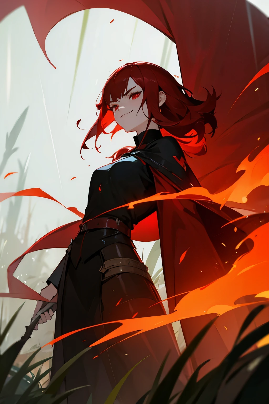 avatar, red hair, young female, grass with fire, red cape, red eyes, black shirt, medium length hair, raining, evil smirk