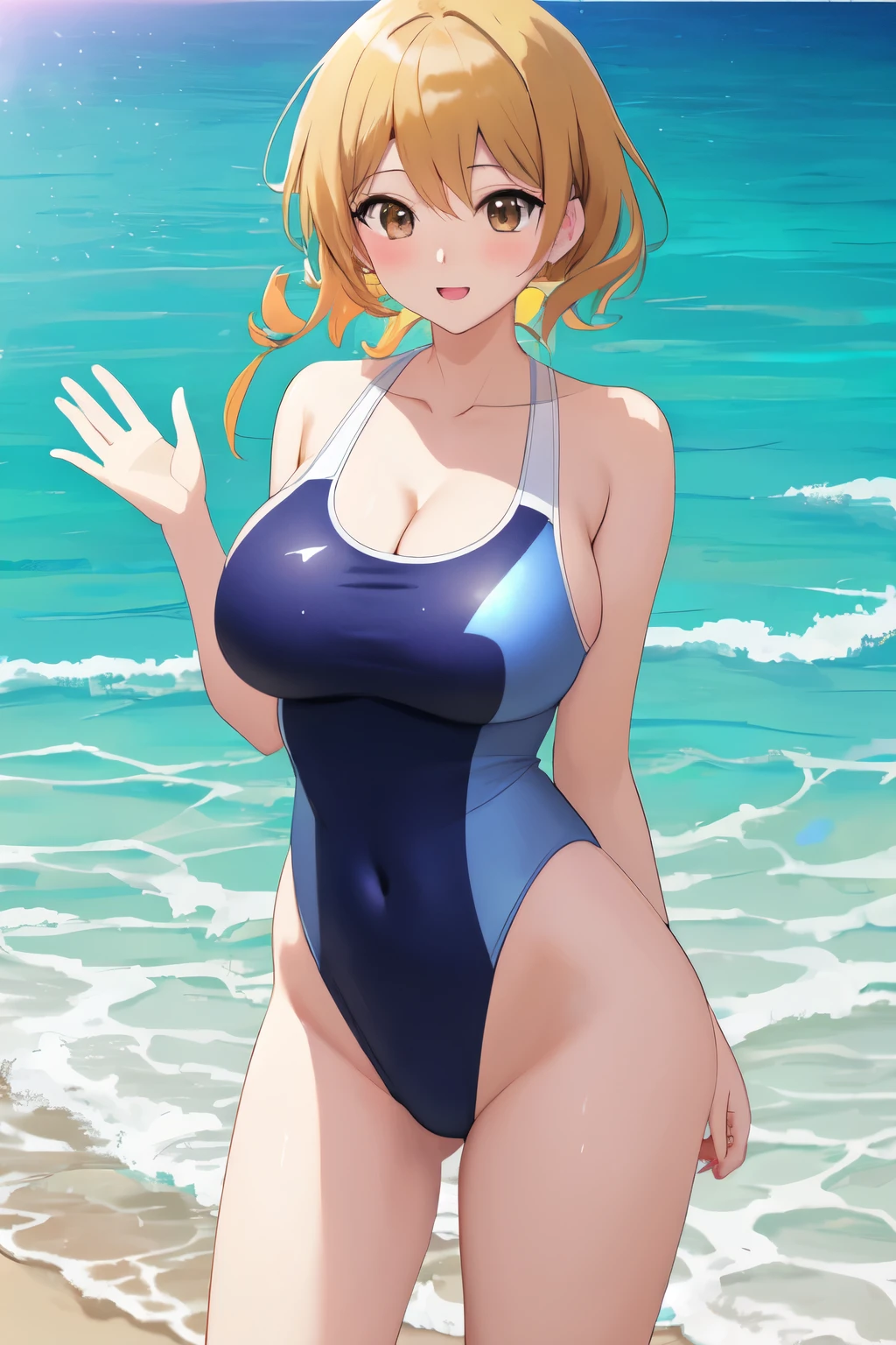 anime woman in a lightblue and yellow swimsuit on the beach waving、long blonde woman、brown eyed woman、solo、is wearing a swimsuit、ワンピースswimsuit、clothing:ハイカットswimsuit、swimsuit、A woman wearing a light blue and yellow tank suit、ワンピースswimsuit着用、wet swimsuit、Light blue and yellow high-leg racing swimwear、競泳swimsuit、Light blue and yellow high-leg racing swimsuit、(anime woman)、on the beach、cool woman wearing tank suit、水泳競技用swimsuit、beautiful  anime woman、cool woman wearing competition swimsuit、 cool anime woman、big breasts、woman with very large breasts、tall woman、adult sex appeal、cleavage、cool atmosphere、in the sea、anime moe art style、Smooth anime CG art、Also、anime best women、naughty anime style、!!full body portrait!!、a woman is standing、beautiful charming anime teen、