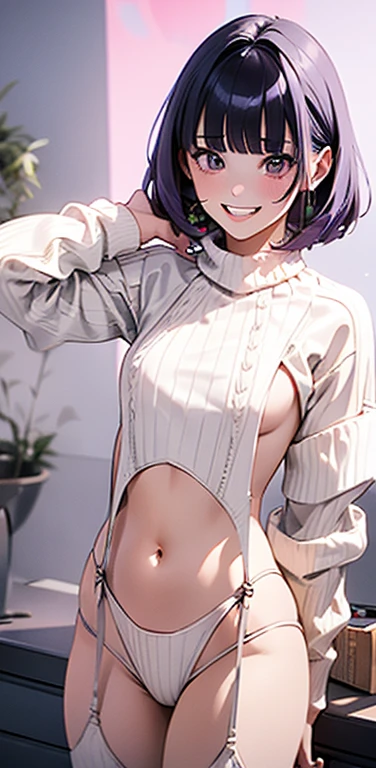 (8K、highest quality、masterpiece:1.2)、Super detailed、super resolution、Realistic、(1girl) 、(purple hair)、short hair。(blunt bangs:1.5),pink eyes、(face focus,cowboy shot),(glowing eyes:1.4),((white sweater: 1.3))、(grin:1.3),open mouth、cute face,blush、small breasts,(simple background),((virgin destroyer sweate))
