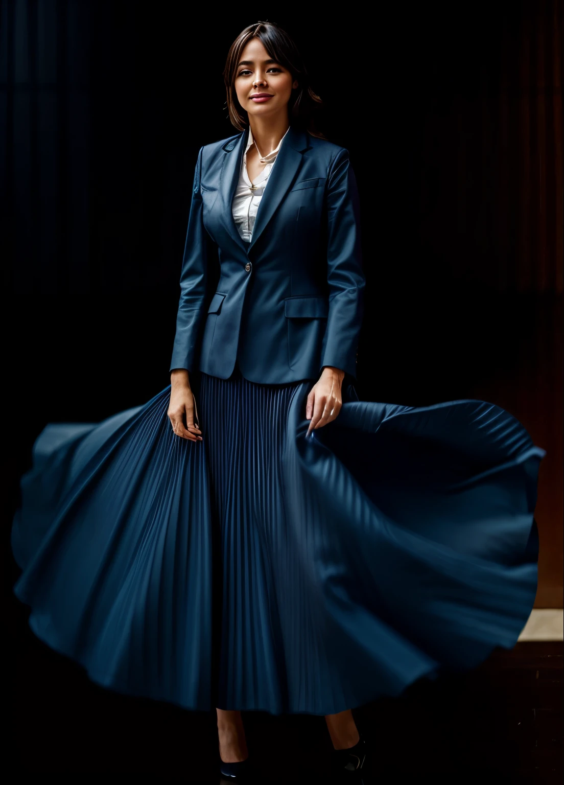 A smiling, authentic, (shy:1,3), kind, beautiful woman, is passionately in love with her skirt, touching herself while wind lifts her skirt, wearing short blazer and very, very detailed (long (fully pleated) full circle skirt) and (low heeled court shoes), very, very intricate hyper-detailed symmetric (attractive graceful young feminine face) with (sad, tired eyes and a loving smile), very voluptuous breasts, full of empathy and compassion and love, (pronounced (feminine) features), (highly detailed ultra accurate realistic) hands and fingers, (windy), epic composition, highly detailed attributes, (35mm f1.4 Kodak portra 400 photograph), extremely high quality RAW photograph, highly detailed atmosphere, sci-fi, cinematic shot, dynamic lighting, 75mm, Technicolor, Panavision, cinemascope, sharp focus, fine details, 8k, HDR, realism, realistic, key visual, film still, superb cinematic color grading, depth of field