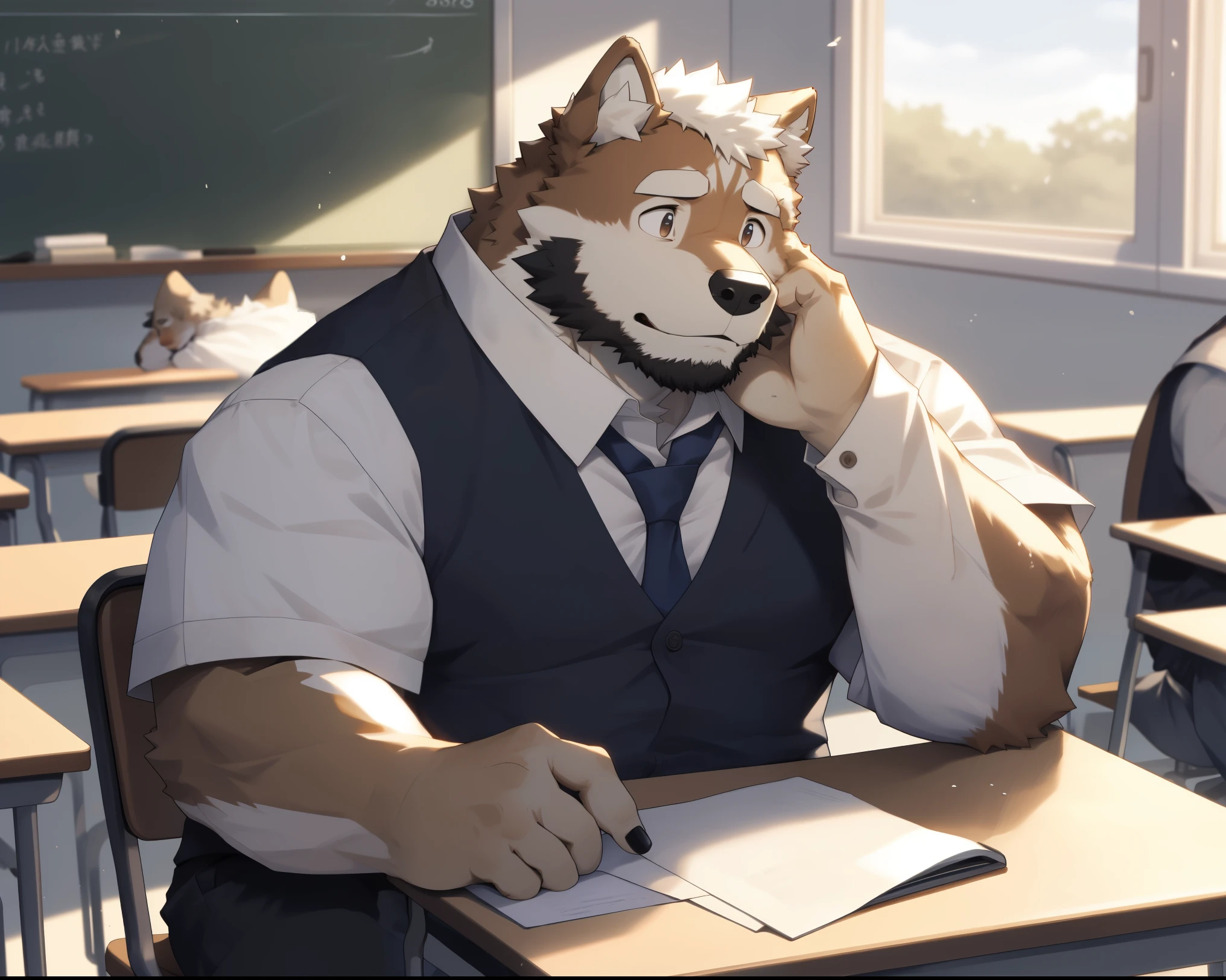 hairy,(Akita dog,student服装),Pure white fur and light fur,male,Common,full-body shot, (inside the classroom,window,blackboard,detailed background),student,window,shy expression,wet clothes,sit on the chair,desk,(Hold your face with one hand,Place the other hand on the table),极其lifelike阴影,masterpiece,Very detailed,lifelike