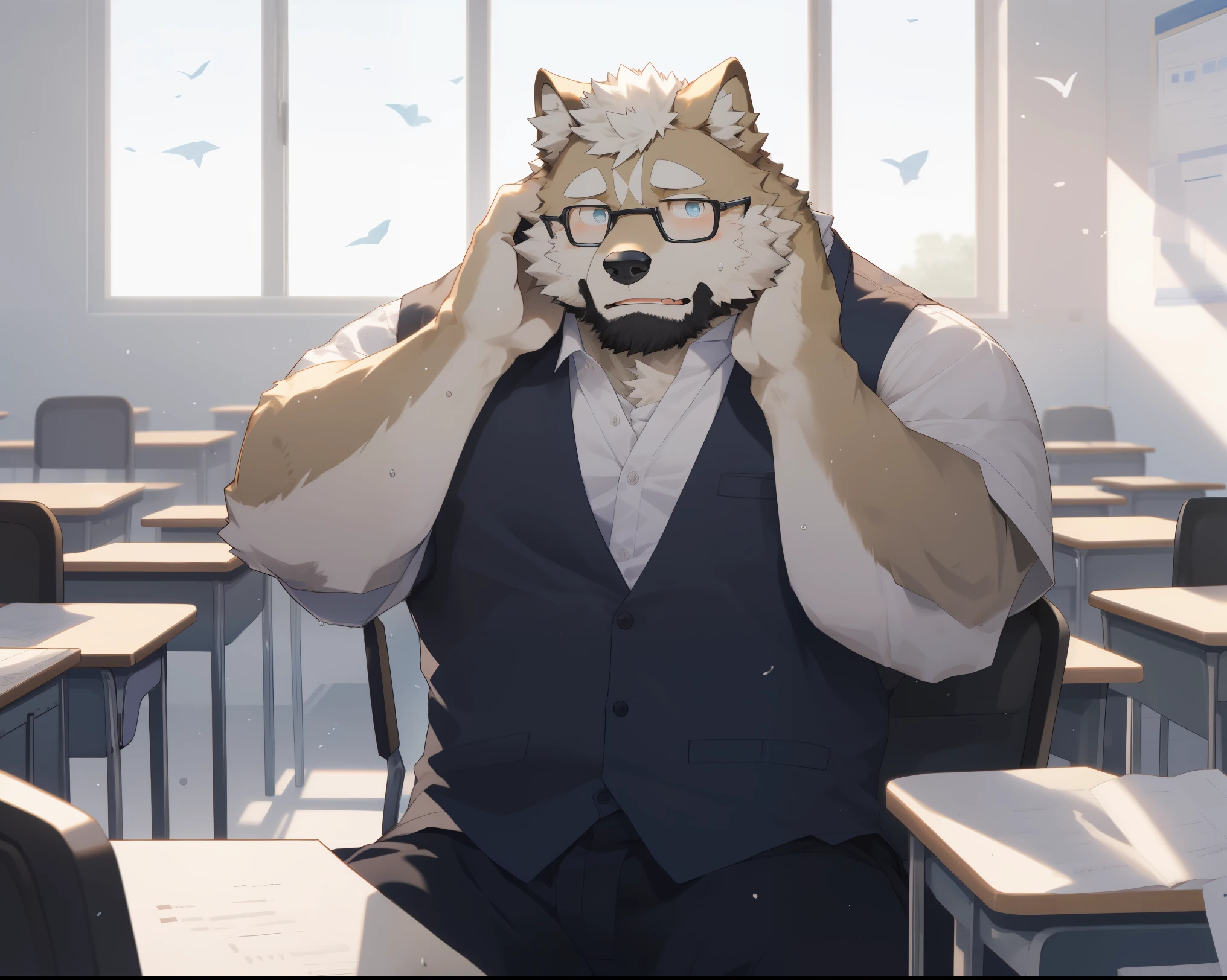 hairy,(Akita dog,student服装),pure white fur,male,Common,full-body shot, (inside the classroom,window,blackboard,detailed background),student,window,shy expression,wet clothes,sit on the chair,desk,Hold your face with one hand,极其lifelike阴影,masterpiece,Very detailed,lifelike