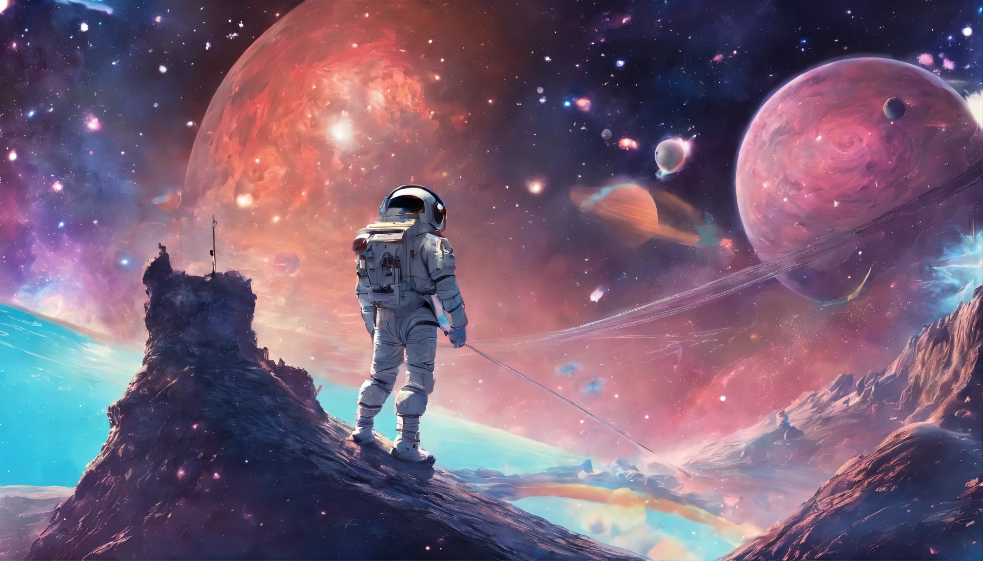 Ghibli style,very dreamy,galaxy,universe,Jupiter,asteroids,spaceman odyssey