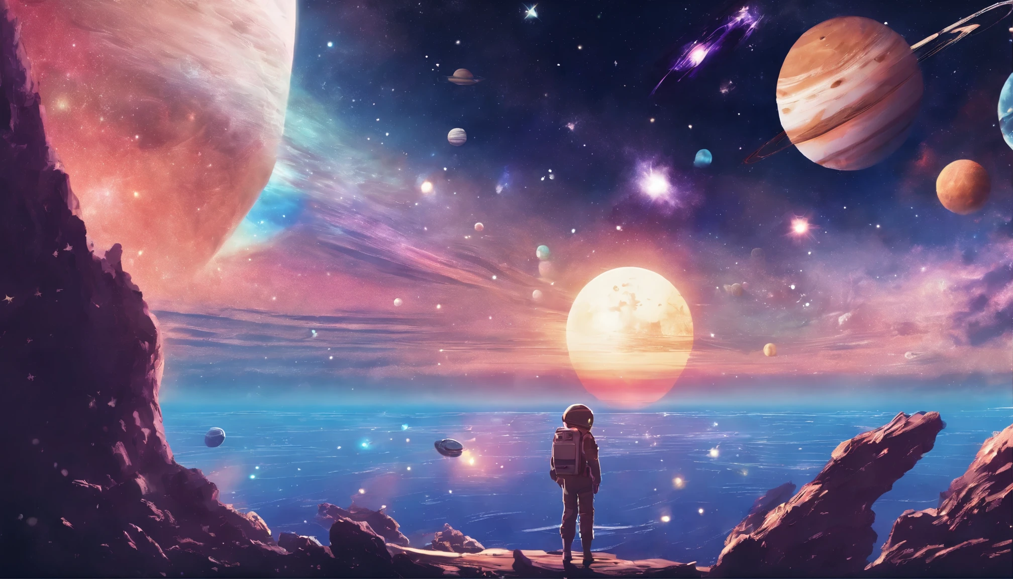 Ghibli style，very dreamy，galaxy，universe，Jupiter，asteroids，spaceman odyssey