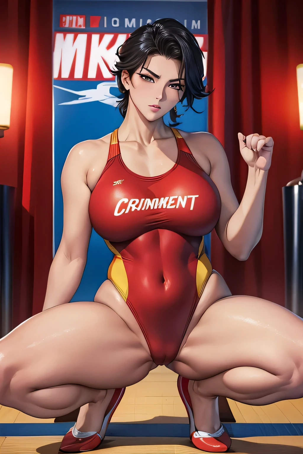 Emphasis on the crotch。Contemptuous eyes and firm expression (Glamorous photo of a dedicated female swimmer,Wearing a red competition swimsuit,Squat with your legs apart), (Strong expression and commitment to excellence:1.2), Inspired by fierce competition,(((milf)))