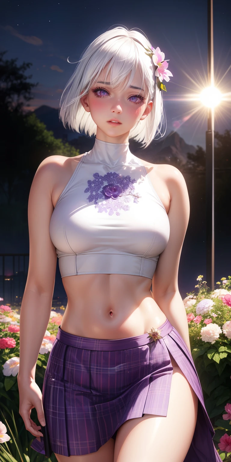 realistic, 1girl, white hair, purple eyes, glowing eyes, crop top, skirt, parted lips, blush, night, flowers, sun, sunlight,