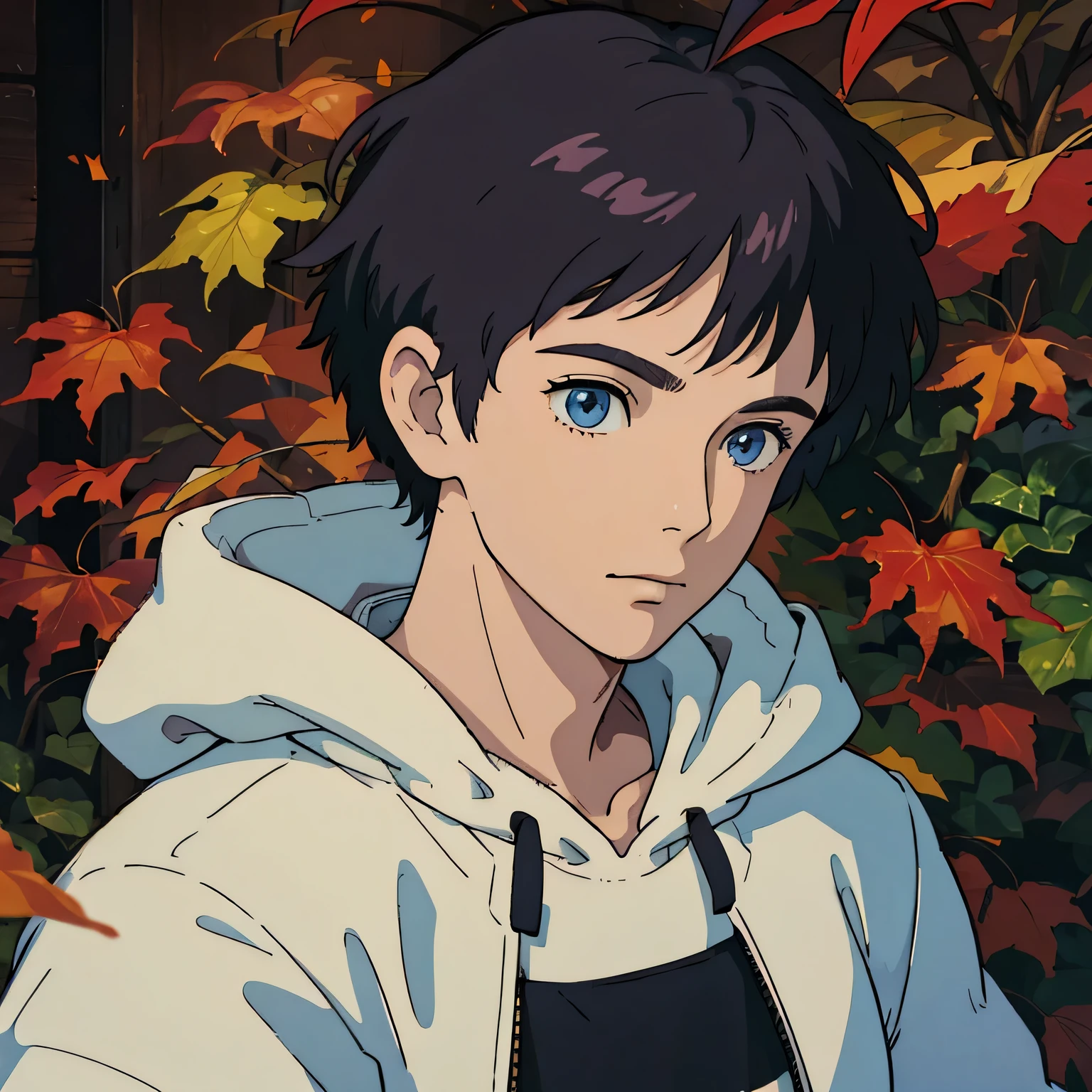 ( High resolution, Super detailed, HDR), masterpiece, highest quality, boy, 10, alone, short hair,spiky hair, black hair, blue eyes, small eyes and small face, True Shadow, Upper body, , Feeling alone、falling maple leaves、hoodie