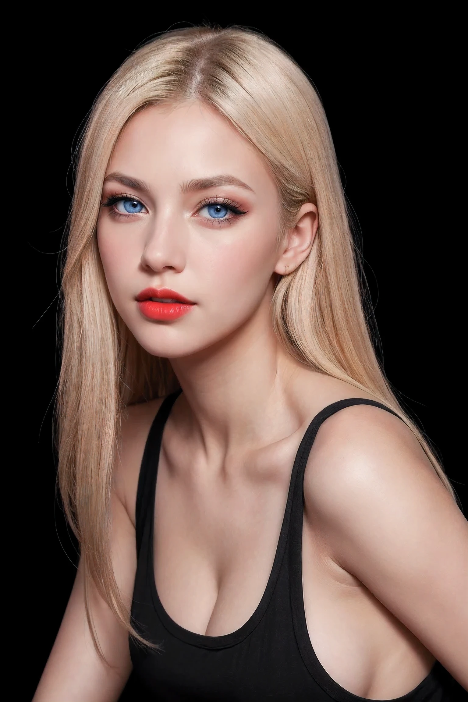 1 girl,black background,black shirt,blonde hair,blue eyes,breast,Keep your mouth shut,eyelash,lips,long hair,looking at the audience,cosmetics,nose,actual,red lips,shirt,simple background,alone,Vest,Upper body,