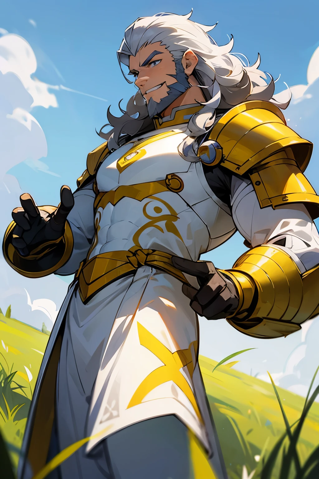 avatar, grey hair, young male, white outfit, white shirt, blue eyes, grass background, curly hair, yellow armor piece, smirking, muscular, beard,