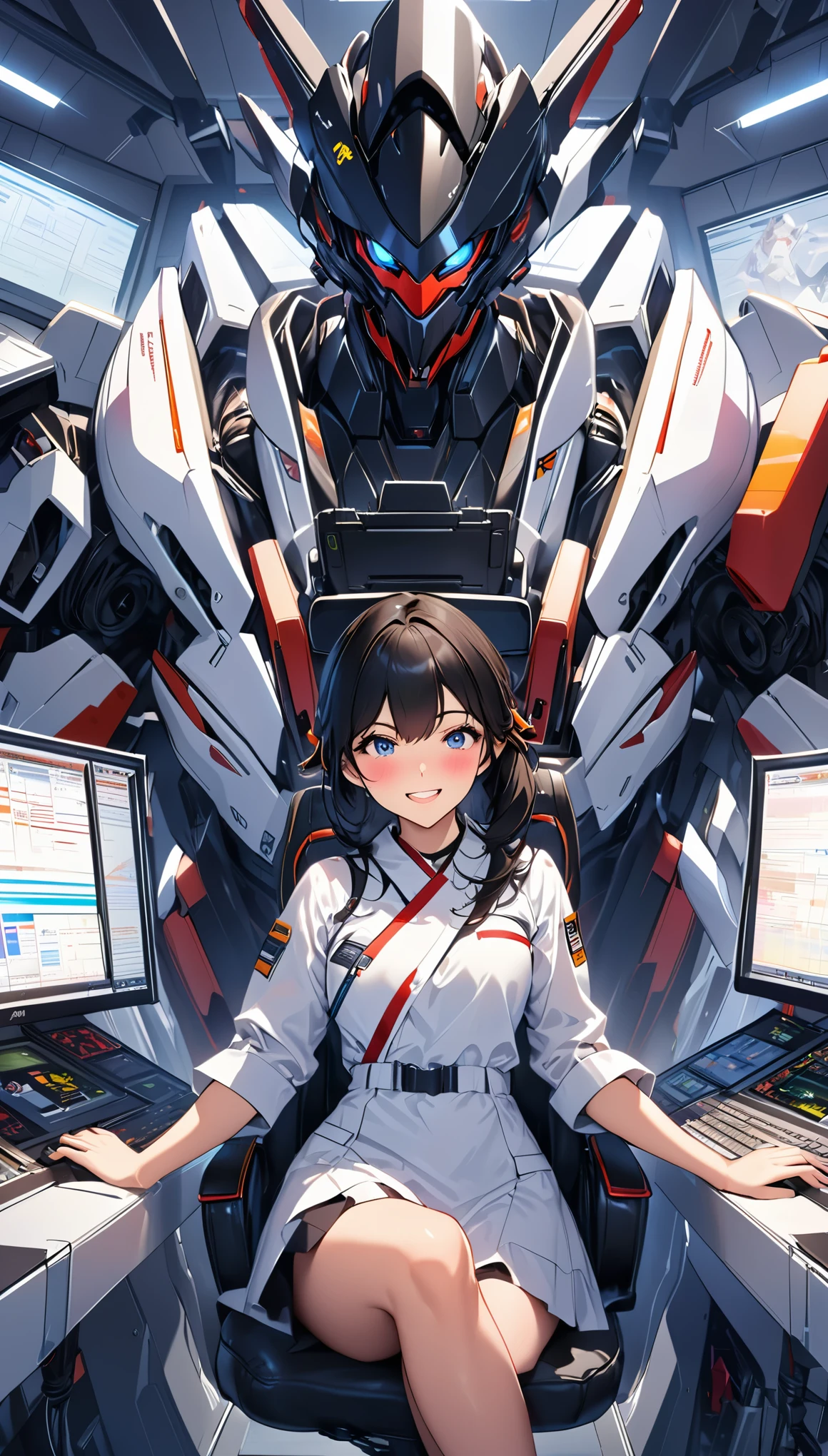 ridiculous resolution, high resolution, (masterpiece: 1.4), Ultra-detailed, A young woman with black hair dressed as a technician, Blushing and excited expression, Sitting in an extremely narrow and closed mecha control room