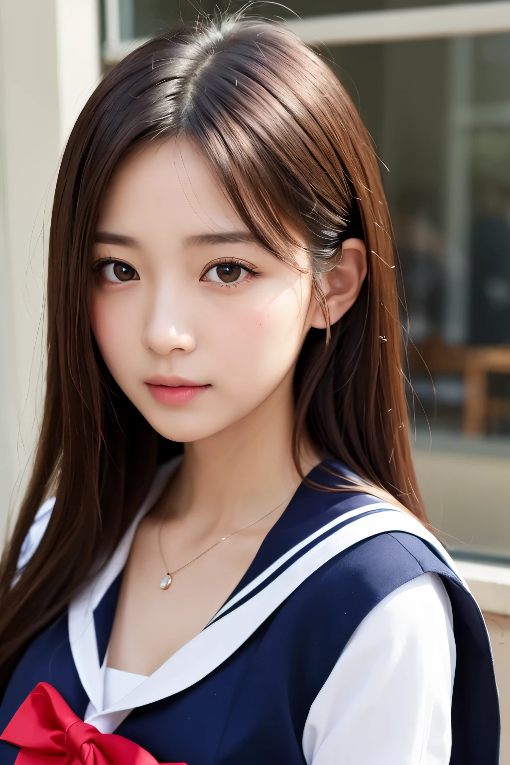 (masterpiece:1.3)、Super detailed finish、(High resolution、8k:1.3)、(highest quality、Super realistic like a photo:1.5)、professional lighting, sharp focus, ultra high definition face、Face is in focus、Ultra high definition and beautiful eyes、Eyes are symmetrical:1.3、High-definition and beautiful skin、firm skin、Ultra high definition hair texture、close up on face、high school girl、17 years old、(sailor suit:1.3)、sexy pose, dynamic pose:1.2, cleavage:1.1、extra detailed sheer bra, by the classroom window、Very cute、very cute、natural make, glossy lips、I&#39;m embarrassed by people staring at me、(Strange look), anxious look、blush:1.3, (embarrassed:1.3)、thin necklace、(looking sideways at the camera:1.2)、color々Photos from an angle