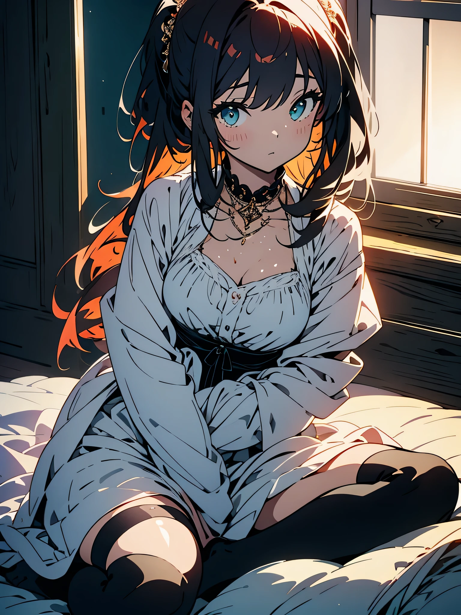 (highest quality、masterpiece、Shining eyes、From Kira)1 girl, bed_sheet, black_leg wear, blush, chest, cleavage, clavicle, Covering, Covering_chest, crossed_arm, green_eye, Moderately_chest, foggy_belly button, ????, orange_hair, short_hair, ~ ~ side_ponytail, sign, sitting, alone, Thighhighs, topless, 、beautiful anime