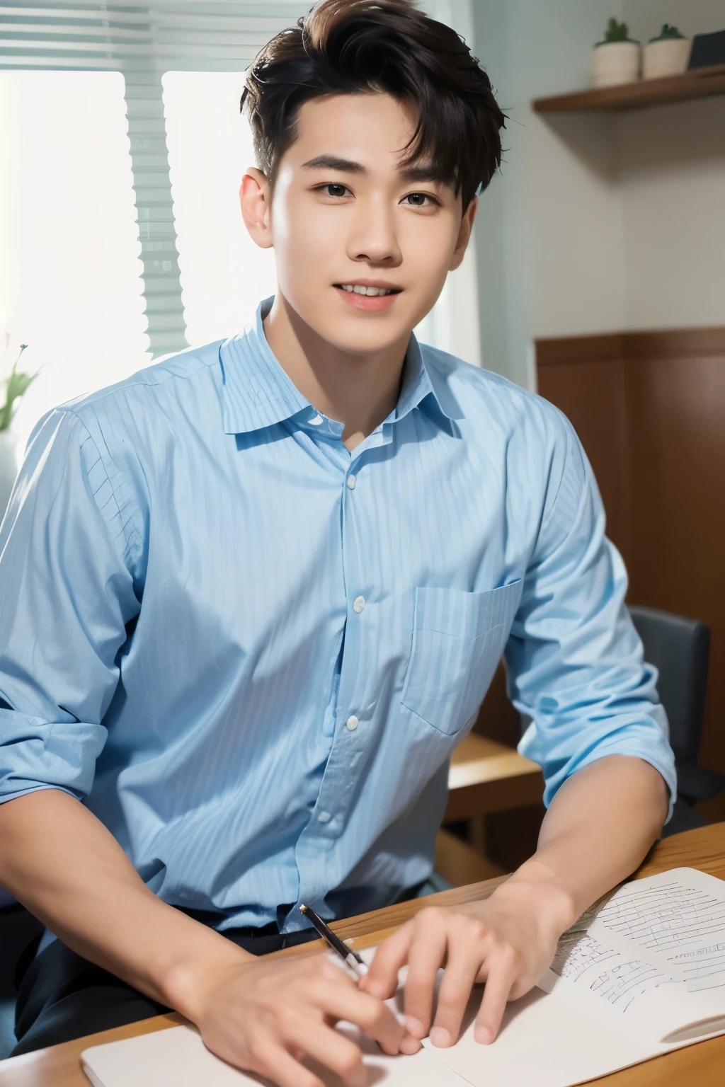 A smiling and refreshing 27-year-old wearing a light blue striped shirt、No tie、male、Center-part hairstyle、In a corner of a bright office、sitting facing the customer。There's a window behind him、Bright sunlight shines from there。He listens carefully to what the customer has to say、I nod curiously.。His expression was calm and、Creates a sense of familiarity。There is a notepad and pen on the desk.、He diligently takes notes on customer wants and needs.。His smile and positive attitude、Giving customers a sense of security and trust