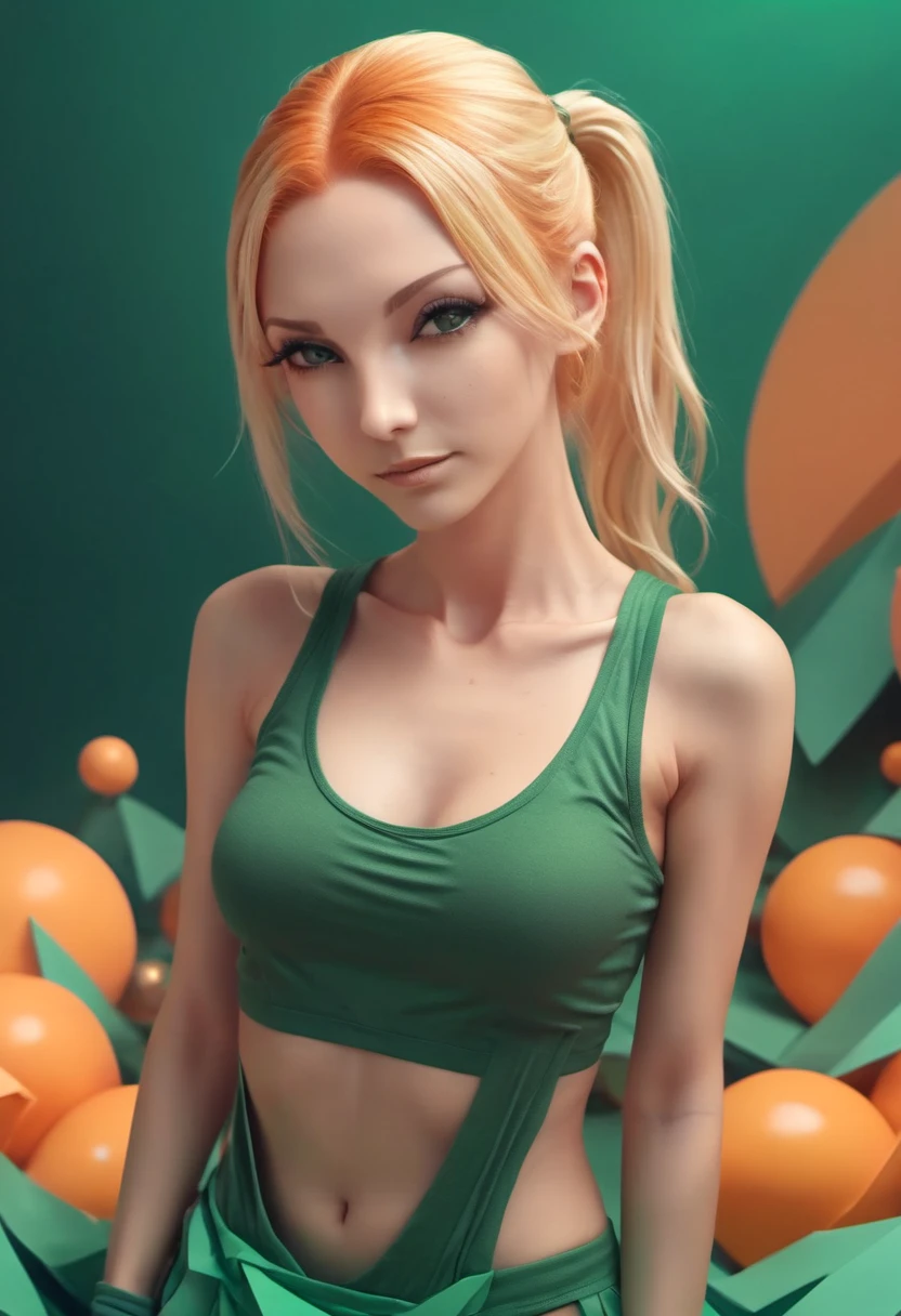Marija, extremely thin, long legs, dyed blonde hair with a high ponytail, shoes and knee-high socks, the miniskirt is so short that her panties can be seen, tank top, powerful, shy, submissive, the goddess of magic circles, magical powers, circles of light that emanate from his hands, action, color theme in green and orange tones with a touch of gray and brown, anime colors, clean background, uncropped character, zaentangle, origami, art deco, fang, anime, Surrealism, drop shadow, anaglyph, stereogram, tachi-e, pov, atmospheric perspective, 8k, super detail, ccurate, best quality