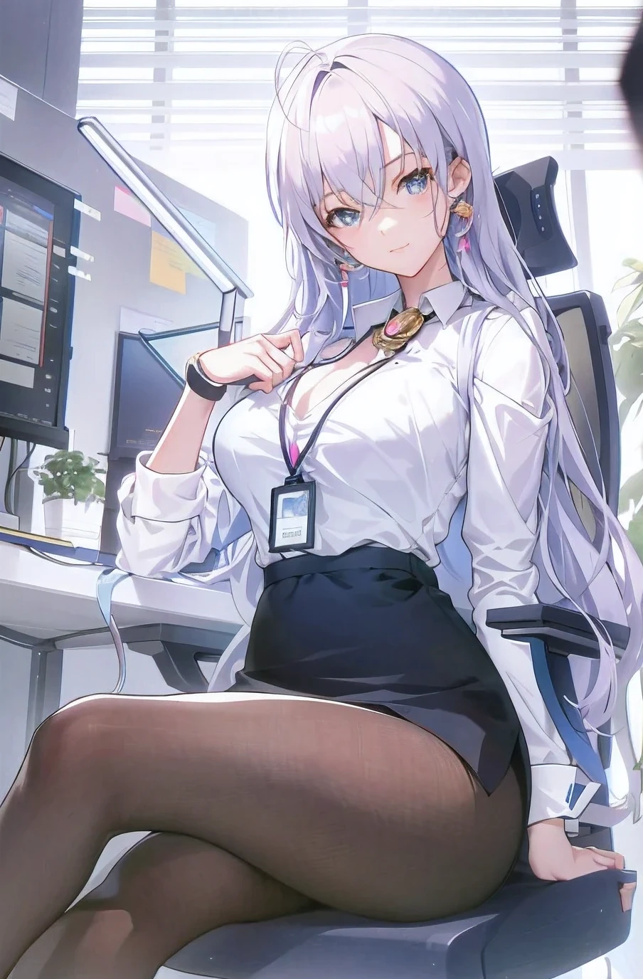 sit on the chair、Anime girl with computer and monitor, (SFW) Work, seductive anime girl, best anime 4k konachan wallpapers, Clean and detailed anime art, Smooth anime CG art, Anime cute art style, High quality anime art style, on the table, fleet collection style, Kushat Krenz criticizes women in art