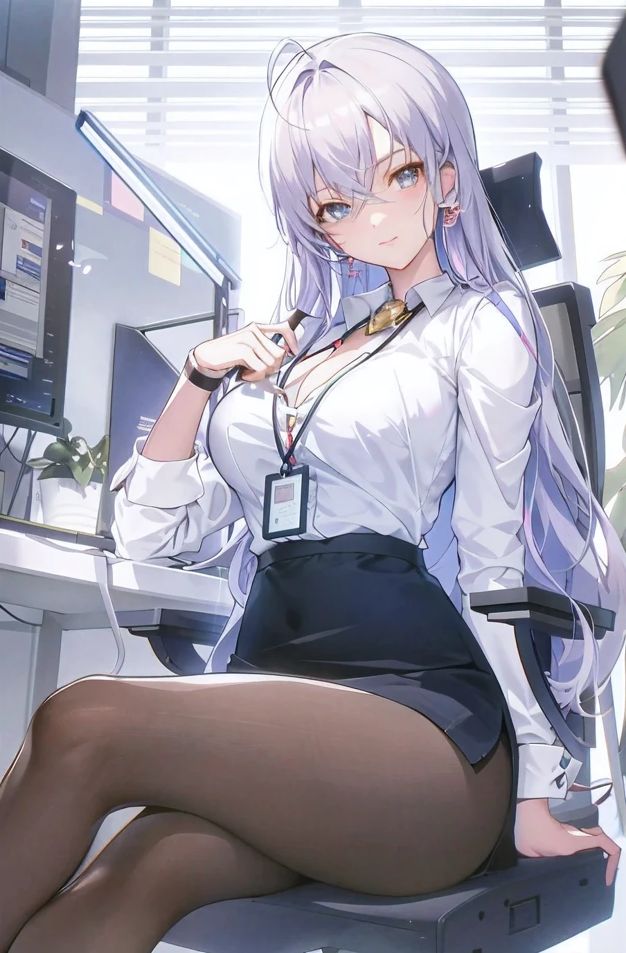 sit on the chair、Anime girl with computer and monitor, (SFW) Work, seductive anime girl, best anime 4k konachan wallpapers, Clean and detailed anime art, Smooth anime CG art, Anime cute art style, High quality anime art style, on the table, fleet collection style, Kushat Krenz criticizes women in art