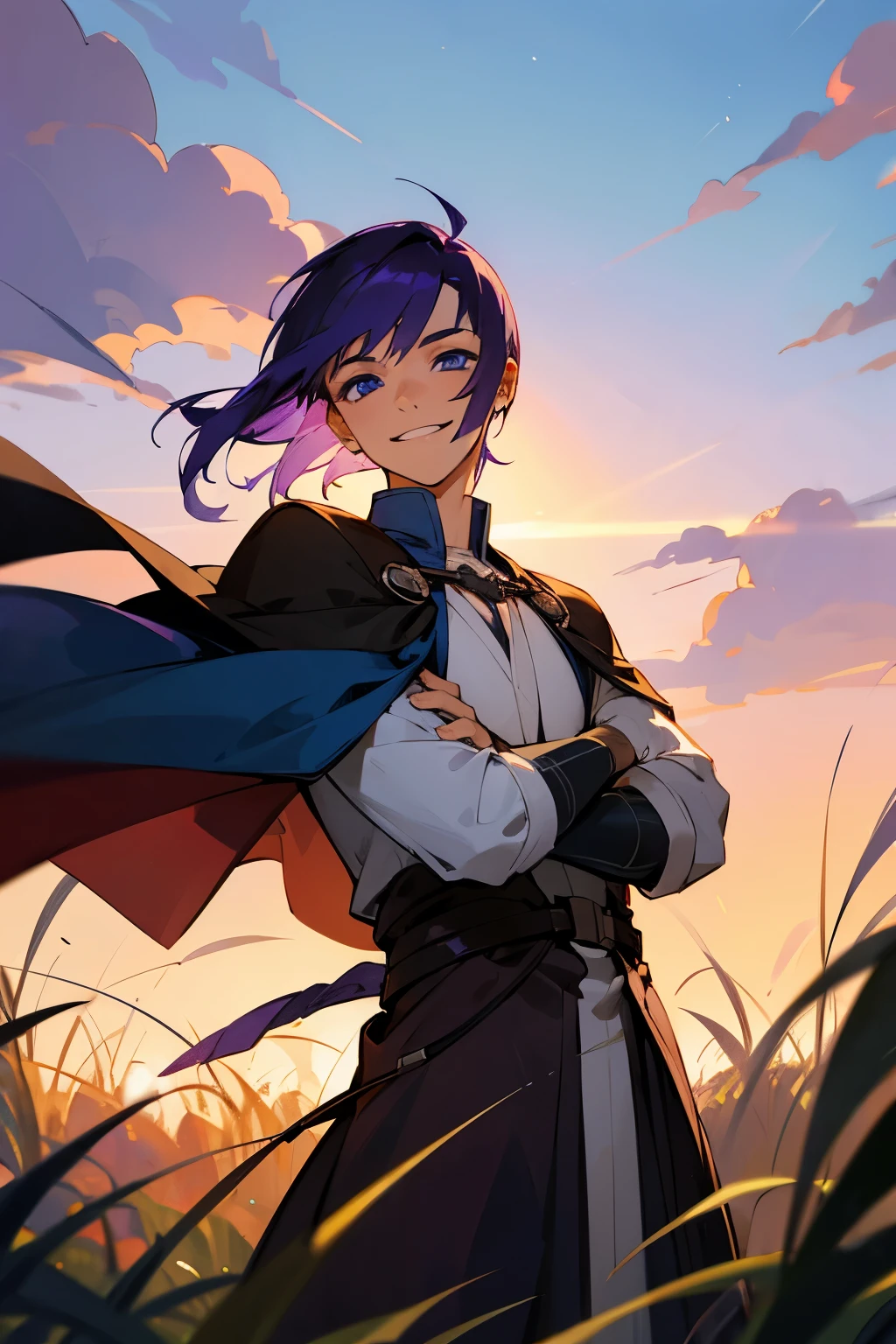 avatar, purple hair, male, grass , brown cape, blue eyes, white shirt, short hair, sunset, smiling