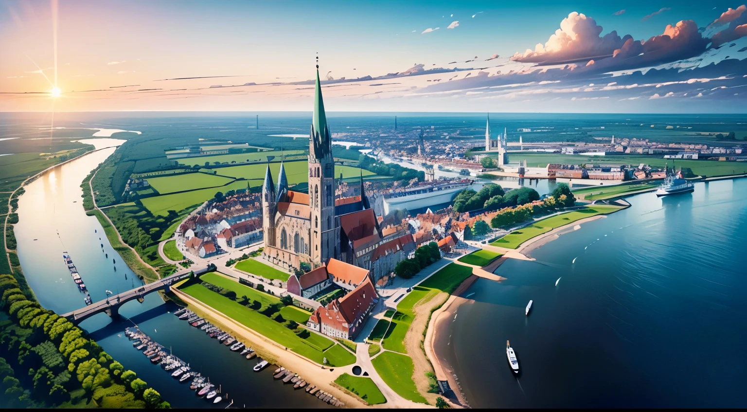 lübeck, sweden cityscape, Holy Roman Empire town, along the coast, Next to the Baltic Sea and the mouth of one river, Trade and navigation hub, A town built along the bay, Several small 24 houses, small, vulgar and diverse, are located nearby.、some are far away、In the image, a dirt road is located on the coast, The climate is very cold and humid, castle in the middle, Walls and gates surrounding the town, undulating plains, big scale, big size, sunset, random view, landscape, beautiful sky, The background is the plains of Eastern Europe, 16th century, renaissance, Age of Discovery, prospered, influential, historical, strengthened, cultural, cosmopolitan