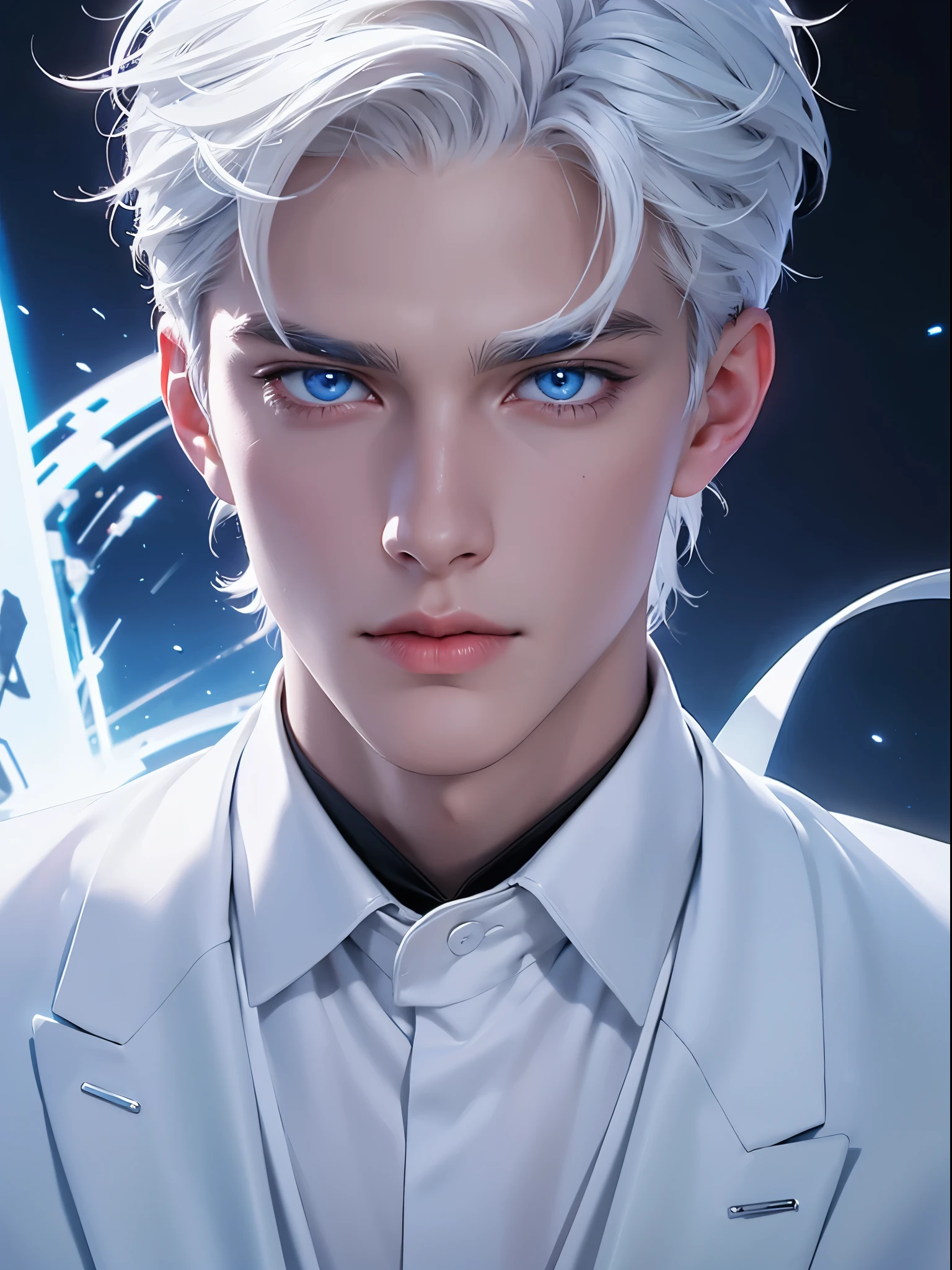 Boy, white hair, blue eyes, sharp, serious features, white skin, formal style