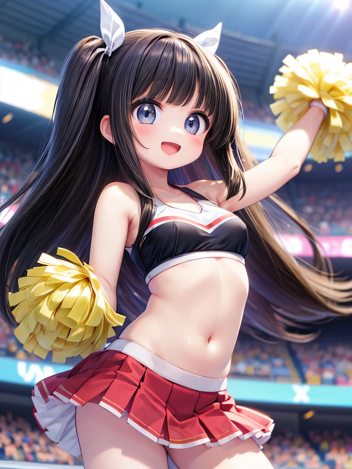 ultra-detailed,(masterpiece:1.2) , (best quality:1.2) , (ultra-detailed:1.2), 2.5D,extremely detailed,, an anime girl,dark black hair,long hair,two side up,BREAK,black eyes,BREAK,hair ribbon,swept bangs,hairpin,stadium,cheerleader,costume,smile,:d,dynamic action,small breasts,paty shot