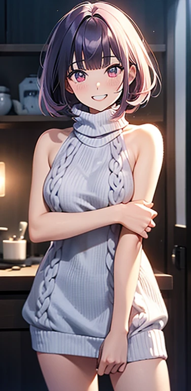 (8K、highest quality、masterpiece:1.2)、Super detailed、super resolution、Realistic、(1girl)  、(purple hair)、short hair。(blunt bangs:1.5),pink eyes、(face focus,cowboy shot),(glowing eyes:1.4),((white sweater: 1.3))、(grin:1.3),open mouth、cute face,blush、small breasts,(simple background),naked sweater, sweater, meme attire, virgin killer sweater, breasts, turtleneck sweater, bare shoulders, turtleneck, sweater dress, ribbed sweater, sideboob, halterneck,