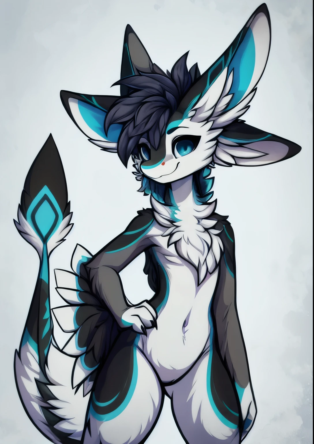 Avali , Furson, Young woman, black white and gray accents, 2 pairs of ears, Javali, fluffy hair, dirty ink