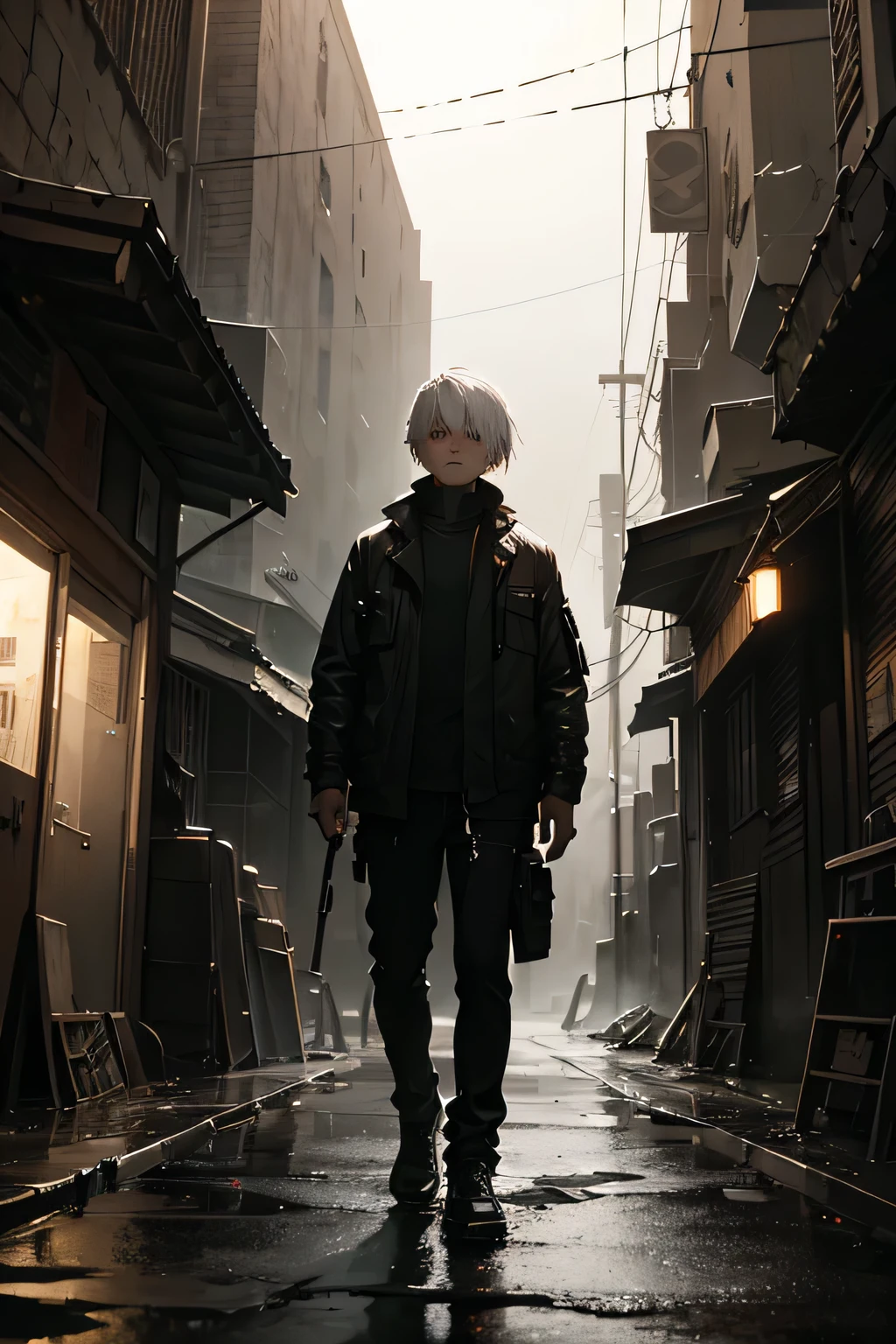 A boy with white hair and red eyes standing alone in the slums of a dark futuristic city, the boy gazes at the starry sky with a look of despair.
(moyen:oil painting'huile),(best quality,4K,8K,high resolution,chef-d'artwork:1.2),ultra-detailed,(realistic,photorealistic,photo-realistic:1.37),ambiance sombre,texture granuleuse,poverty,in trouble,Solitude,Desolation,night scene,mystère,depressed mood,post-apocalyptique,paysage urbain futuriste,cadre dystopique,neon lights,ombres vacillantes,air rempli de smog,The stars shine brightly,ciel de nuit,solitude,despair,overwhelmed by emotions,Eyes full of stars,Lost in thoughts,tension dans l'air,Ambiance sombre,the boy's inner turmoil,cinematographic composition,dramatic lighting,d'a captivating beauty,impact émotionnel profond.