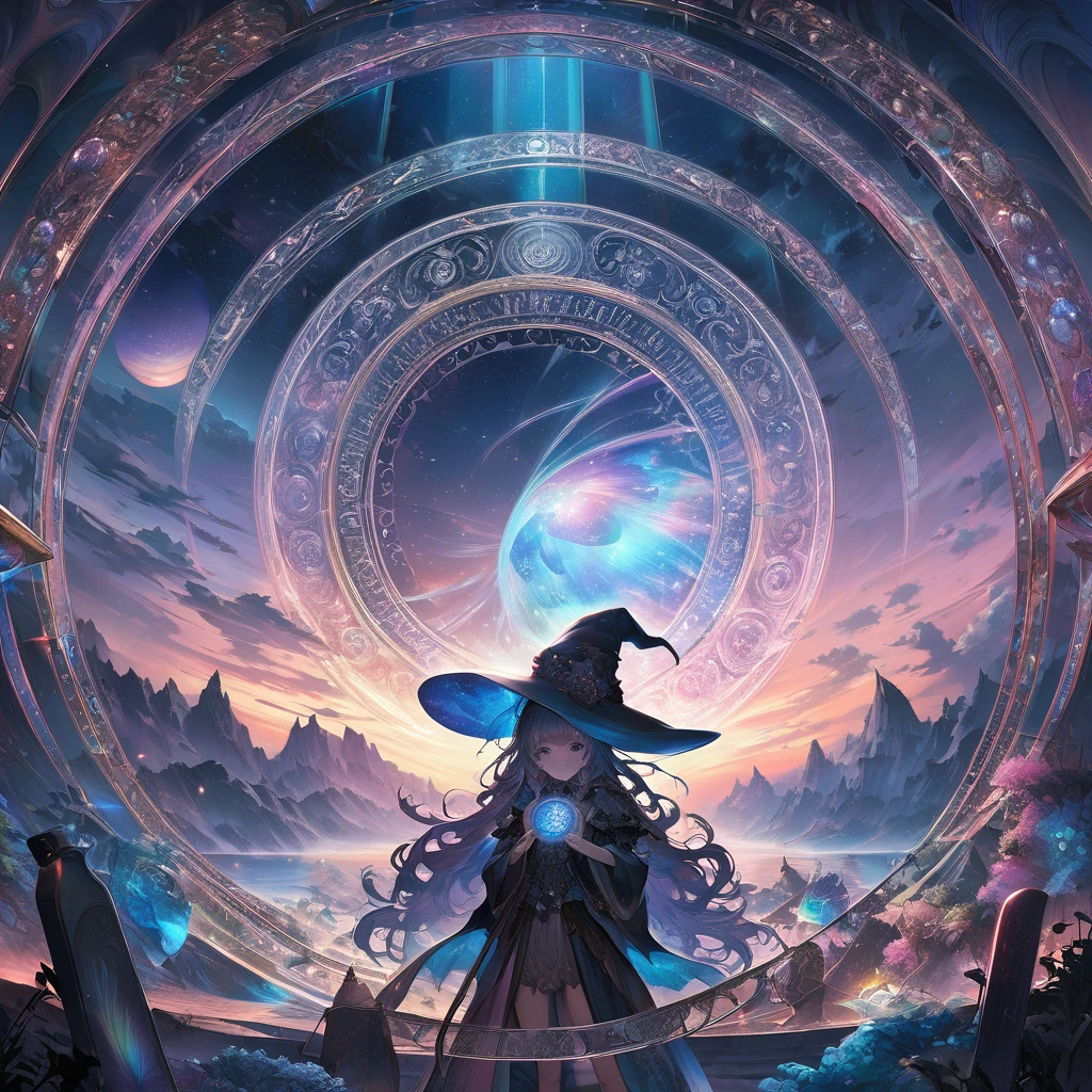 (Magic Circle:1.5), aesthetic, extremely detailed, a tattered wizard's hat, hyperrealistic, hyperdetailed, photorealistic:: incredible composition, amazing depth, meticulously composed, 16k resolution concept art, fantasy :: fantasy magazine cover art, wizard's hat glowing with magic, wizard's hat showing stars and galaxies inside, deep color, ethereal, astral, hyperdetailed, intricately detailed, Unreal Engine, iridescent, twilight, by Arthur Rackham and Beeple and Josephine Wall and Leonid Afremov and Patrice Murciano and Carne Griffiths