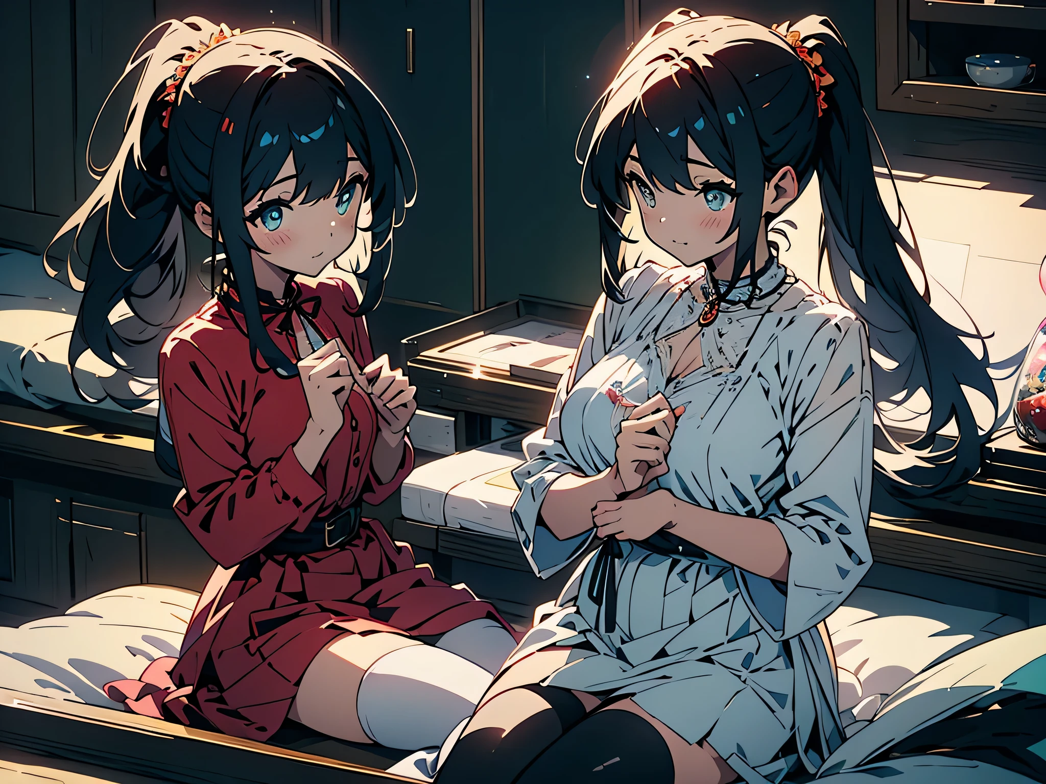 (highest quality、masterpiece、Shining eyes、From Kira)1 girl, bed_sheet, black_leg wear, blush, chest, cleavage, clavicle, Covering, Covering_chest, crossed_arm, green_eye, Moderately_chest, foggy_belly button, nude, orange_hair, short_hair, ~ ~ side_ponytail, sign, sitting, alone, Thighhighs, topless, 、beautiful anime