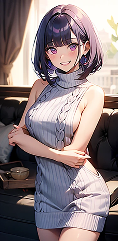 (8K、highest quality、masterpiece:1.2)、Super detailed、super resolution、Realistic、(1girl)  、(purple hair)、short hair。(blunt bangs:1.5),pink eyes、(face focus,cowboy shot),(glowing eyes:1.4),((white sweater: 1.3))、(grin:1.3),open mouth、cute face,blush、small breasts,(simple background),naked sweater, sweater, meme attire, virgin killer sweater, breasts, turtleneck sweater, bare shoulders, turtleneck, sweater dress, ribbed sweater, sideboob, halterneck,