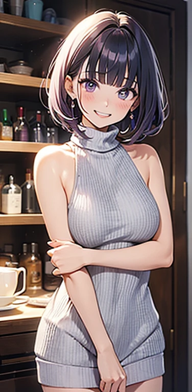 (8K、highest quality、masterpiece:1.2)、Super detailed、super resolution、Realistic、(1girl)  、(purple hair)、short hair。(blunt bangs:1.5),pink eyes、(face focus,cowboy shot),(glowing eyes:1.4),((white sweater: 1.3))、(grin:1.3),open mouth、cute face,blush、small breasts,(simple background),naked sweater, sweater, meme attire, virgin killer sweater, breasts, turtleneck sweater, bare shoulders, turtleneck, sweater dress, ribbed sweater, sideboob, halterneck,