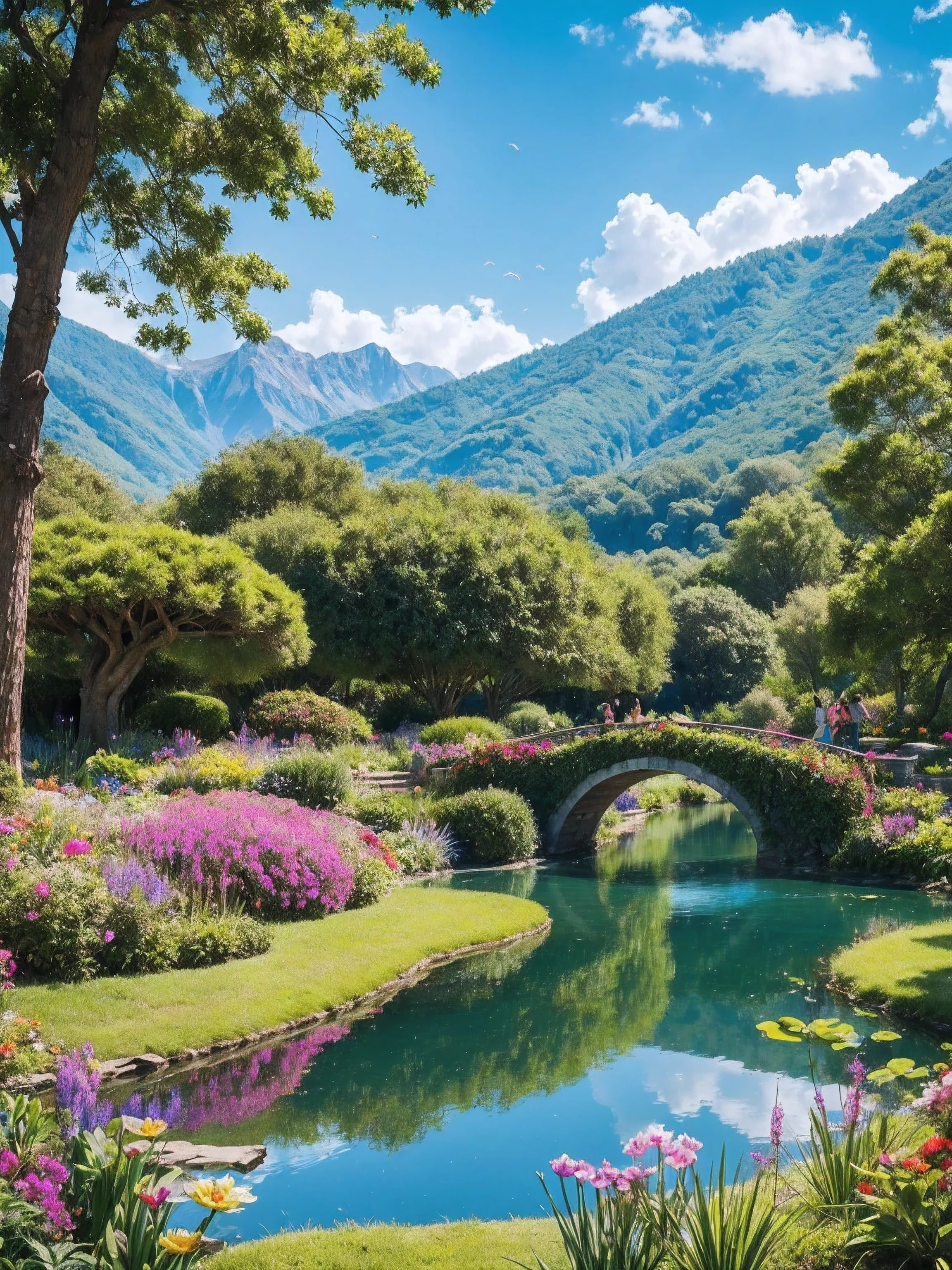 Draw a serene and peaceful lake, surrounded by lush and colorful plants. On one of the banks, a small frog is sitting, happy and satisfied. Around the lake, there are other friendly animals such as birds singing, butterflies dancing and dragonflies buzzing. Create a magical and enchanting scene that will transport children to a world of imagination and adventure!  