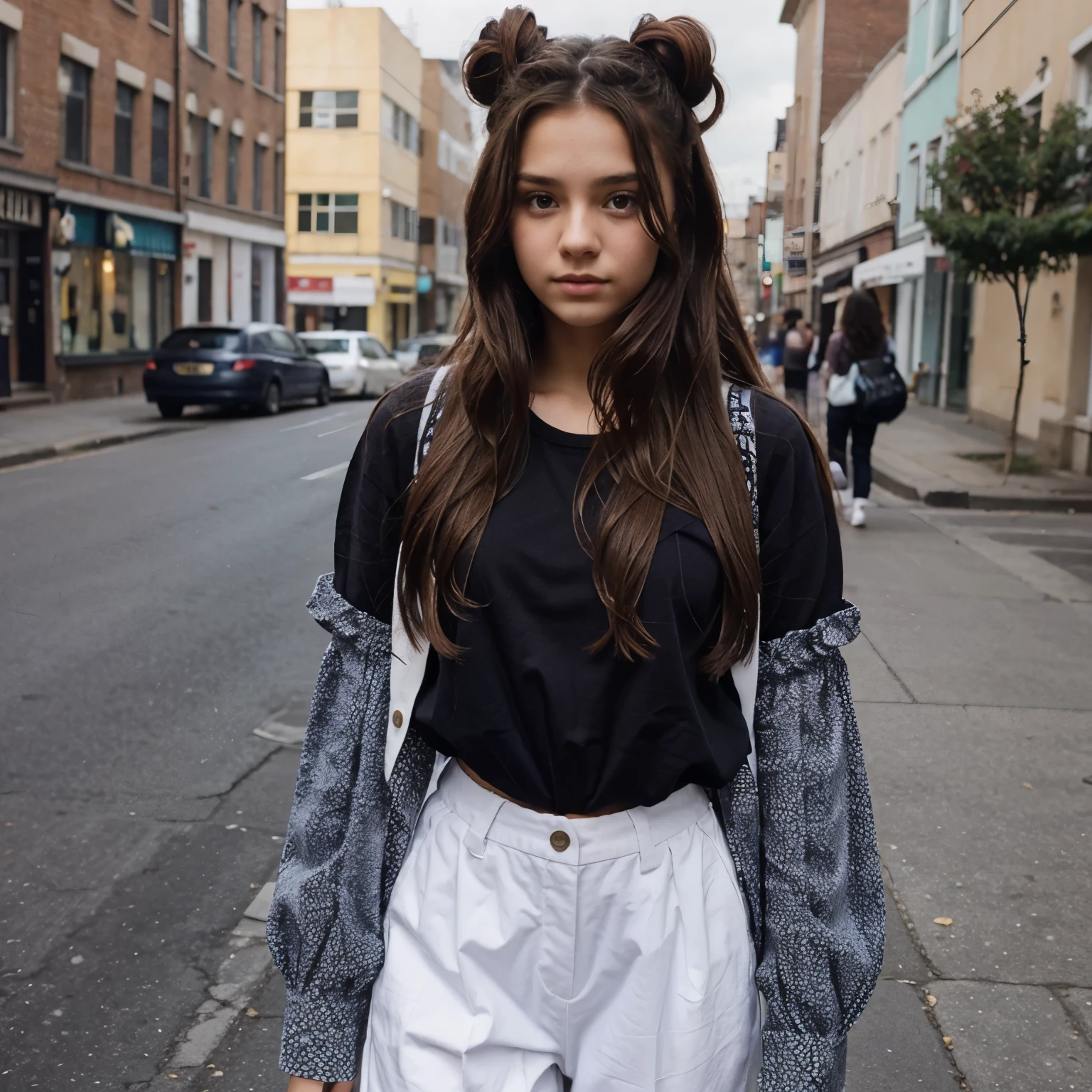 r girl, age 16, wavy long hait with buns. Wears a dotted shirt in dark purple and blue, a white pants and black high tops.
