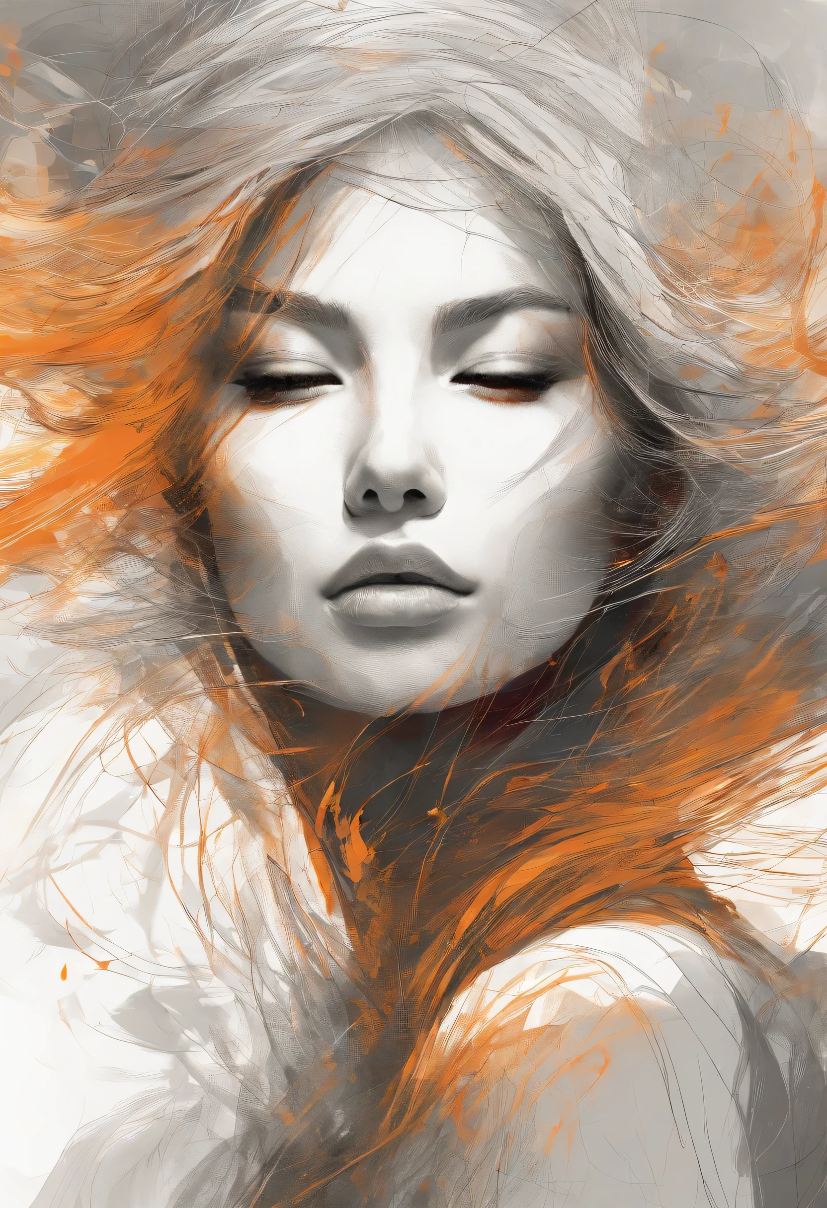 The image is a striking artistic combination of pencil drawing and digital manipulation. The face of a woman emerges, with delicate pencil lines sketching out her facial features - eyes closed, full lips, and tousled hair blowing across her face.
However, the most captivating aspect is the warm, fiery lighting that bathes one side of her face and form in shades of yellow, orange and red, as if illuminated by flickering flames. This luminous glow contrasts with the sketched lines, creating a visually compelling interplay of light and shadow, solidity and ethereality.
The lighting casts dramatic shadows that accentuate the contours of her face and suggest the form of her figure beneath layers of wispy, wind-blown strands of hair. While clearly stylized, the image has a sense of energy, movement and an almost ethereal, atmospheric quality imparted by the mix of mediums and clever use of warm, radiant tones against the soft grayscale rendering. Overall, it's a evocative and imaginative portrait that channels both traditional drawing skills and contemporary digital artistry.