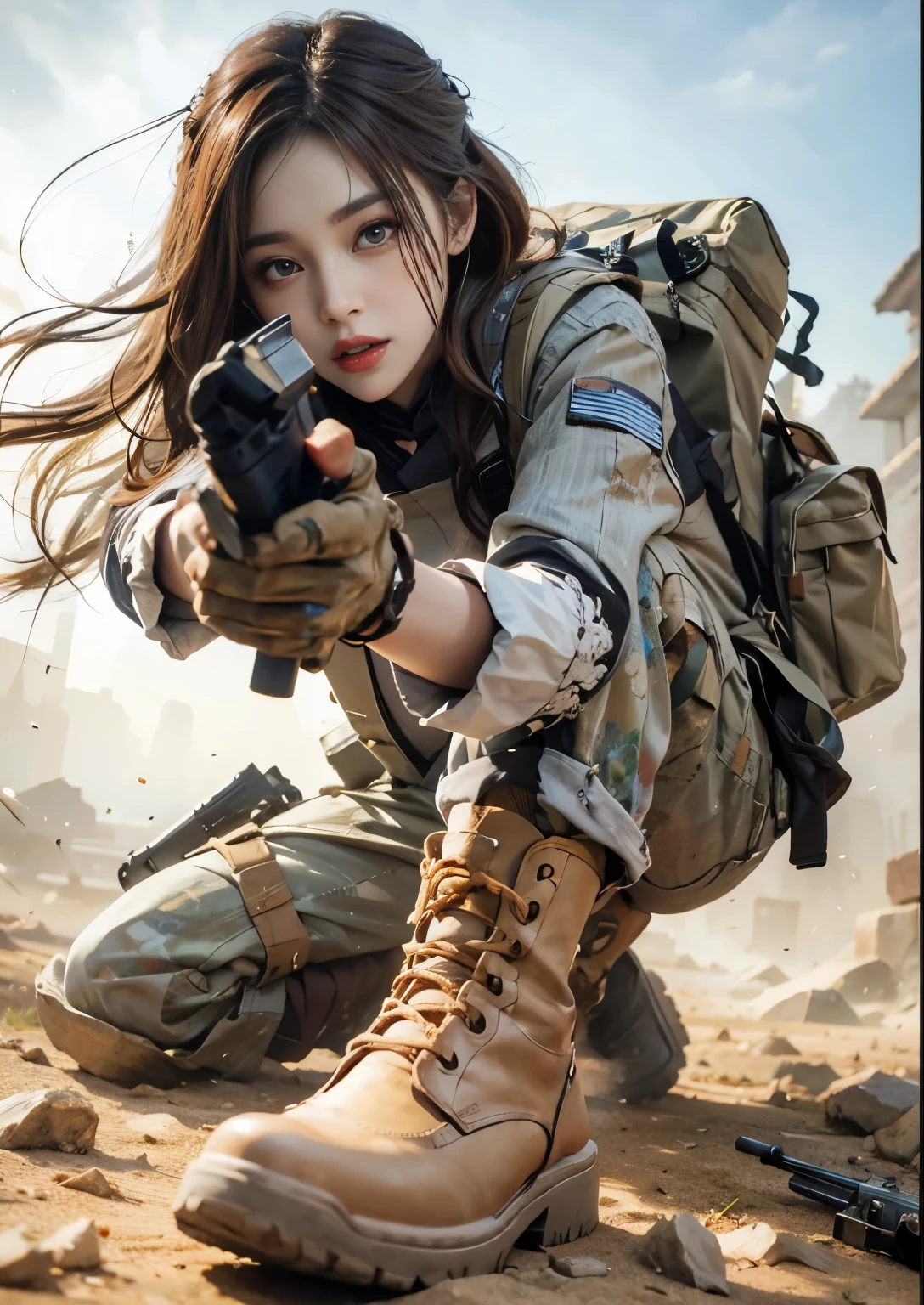 （Modify hair only、Face）Reddish-brown hair，Long curly hair，high ponytail，red headdress，red eyes，red eye，red pupils，Delicate and detailed eyes，sparkling eyes，Automatic Rifle