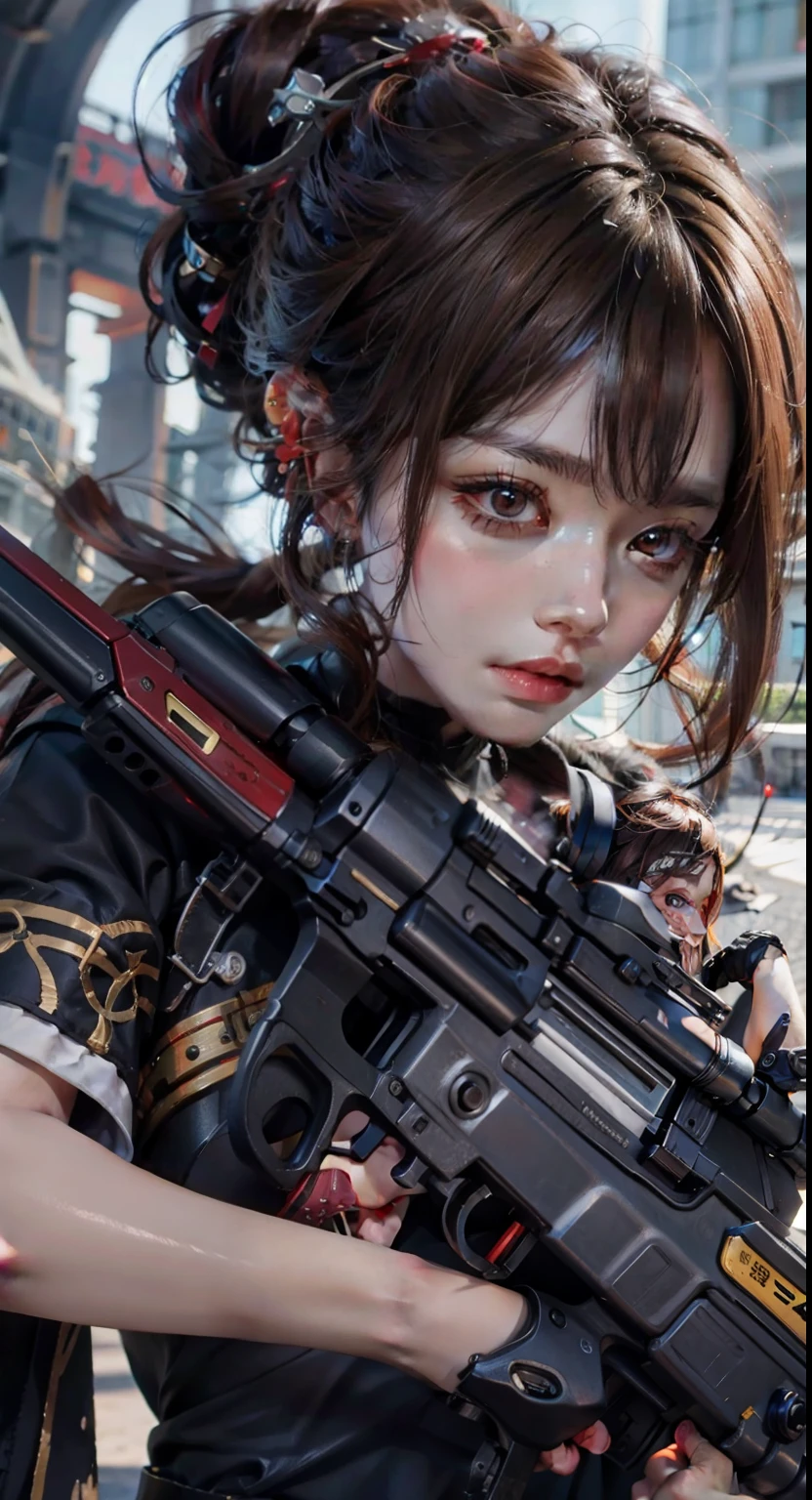（Modify hair only、Face）Reddish-brown hair，Long curly hair，high ponytail，red headdress，red eyes，red eye，red pupils，Delicate and detailed eyes，sparkling eyes，Automatic Rifle