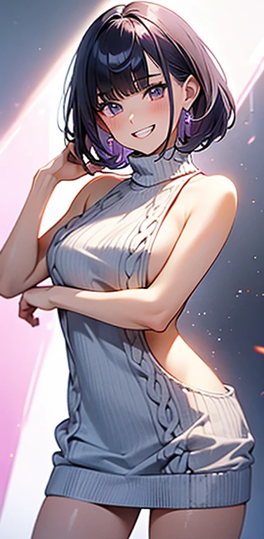 (8K、highest quality、masterpiece:1.2)、Super detailed、super resolution、Realistic、(1girl)  、(purple hair)、short hair。(blunt bangs:1.5),pink eyes、(face focus,cowboy shot),(glowing eyes:1.4),((white sweater: 1.3))、(grin:1.3),open mouth、cute face,blush、small breasts,(simple background),naked sweater, sweater, meme attire, virgin killer sweater, breasts, turtleneck sweater, bare shoulders, turtleneck, sweater dress, ribbed sweater, sideboob, halterneck,backless dress