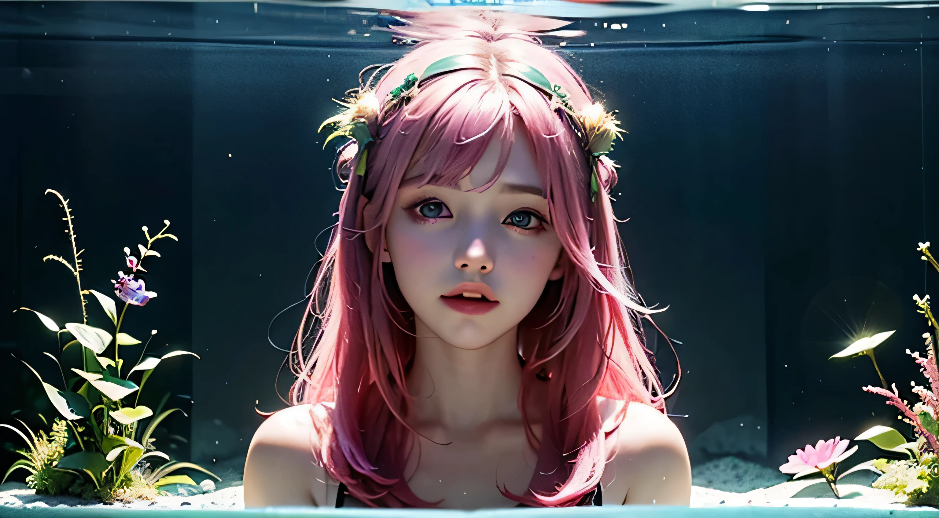Watch the audience by standing behind a fish tank filled with fir close-ups,Long green hair,Dull hair,Pink hair accessories,sparkle eyes,Eye-catching,The corners of the mouth are upturned,HD quality wallpaper,refracted light,The water is crystal clear,The head is particularly depicted in the picture,3Drenderingof