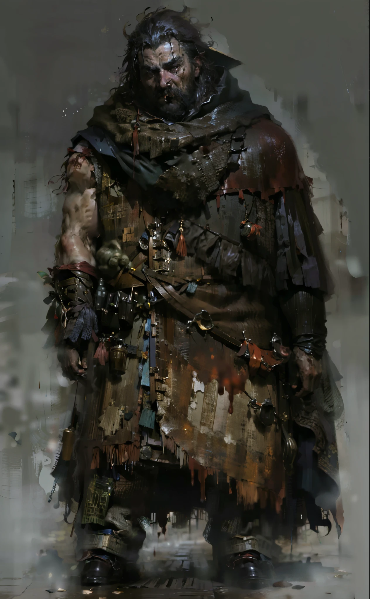 best quality,masterpiece,(:1.5),a man wearing animal skins,兽皮上有blood,blood stains,looks like a savage,like a bum,like primitive man,blood。blood stains,The wilderness is tiring,ancient hunter,reference《The Revenant》(Amy Saul:0.248),(Stanley Ategg Liu:0.106),(a detailed :0.353),(Renaissance classical style:0.8)