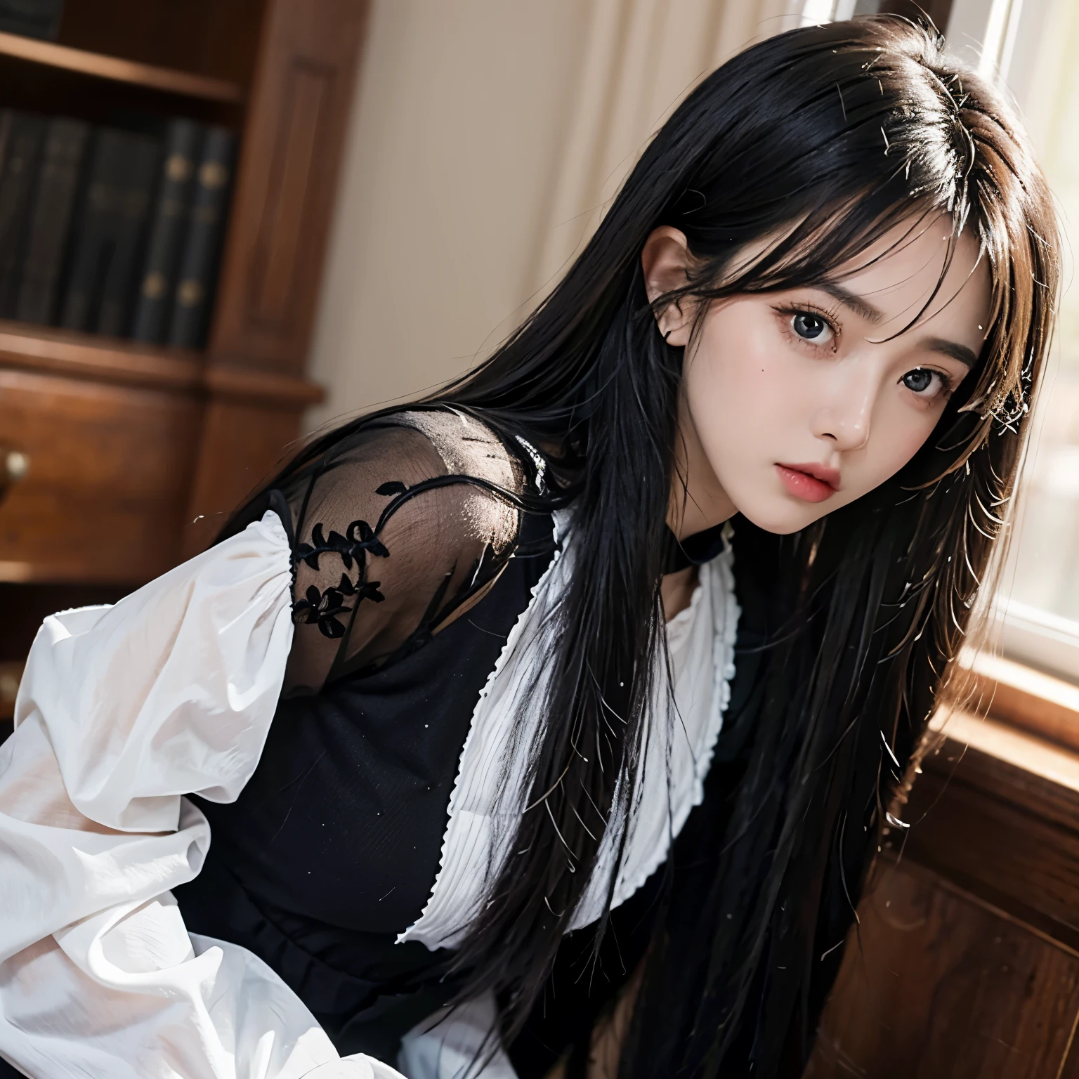 (8k, best quality, masterpiece:1,2), (actual, photo-actual:1,37), top quality, masterpiece, a beautiful woman,cute style,goth , clean fair skin, beautiful eyes, long hair,cute,attachment