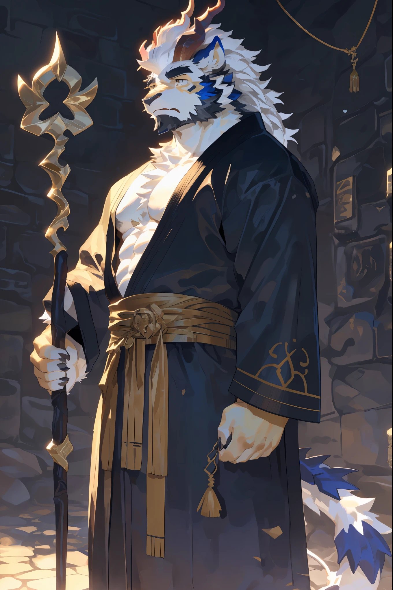 (Kirin:1.5),(Gorgeous silver battle armor robe:1.5),16k high quality detailed art,(Kirin:1.1), (((white fur:1.8))),(gold white two tone),(Gold and blue different color eyes:1.2),(muscular body:1.2),Handsome,(OK),(perfect face),(Serious majesty:1.1),(golden and white skin:1.6),(monster dungeon background),(Half body特写:1.5),Publaz, (Kirin:1.1), (((white fur:1.8))),Handsome, (OK),Express,(monster dungeon background),(Painful eyes:1.3),(Kirin tail),不同的Express,(perfect masterpiece),(16k),(abdominal muscles:1.3),(((middle aged:1.4))),(36 years old),alone,(Golden sideburns:1.5),(Golden-bearded:1.3),(black chin:1.3),(black and white face:1),(Very rich facial details:1.3),(Strong),(Half body),(front view),(cg),(HD),(Facing the dungeon:1.4),(serious expression:1.6),(White lines:1.4),(scales:1.3),(white ears:1.4),(Holding a staff in hand:1.6),(confidence:1.4),(Mighty pose),(light)