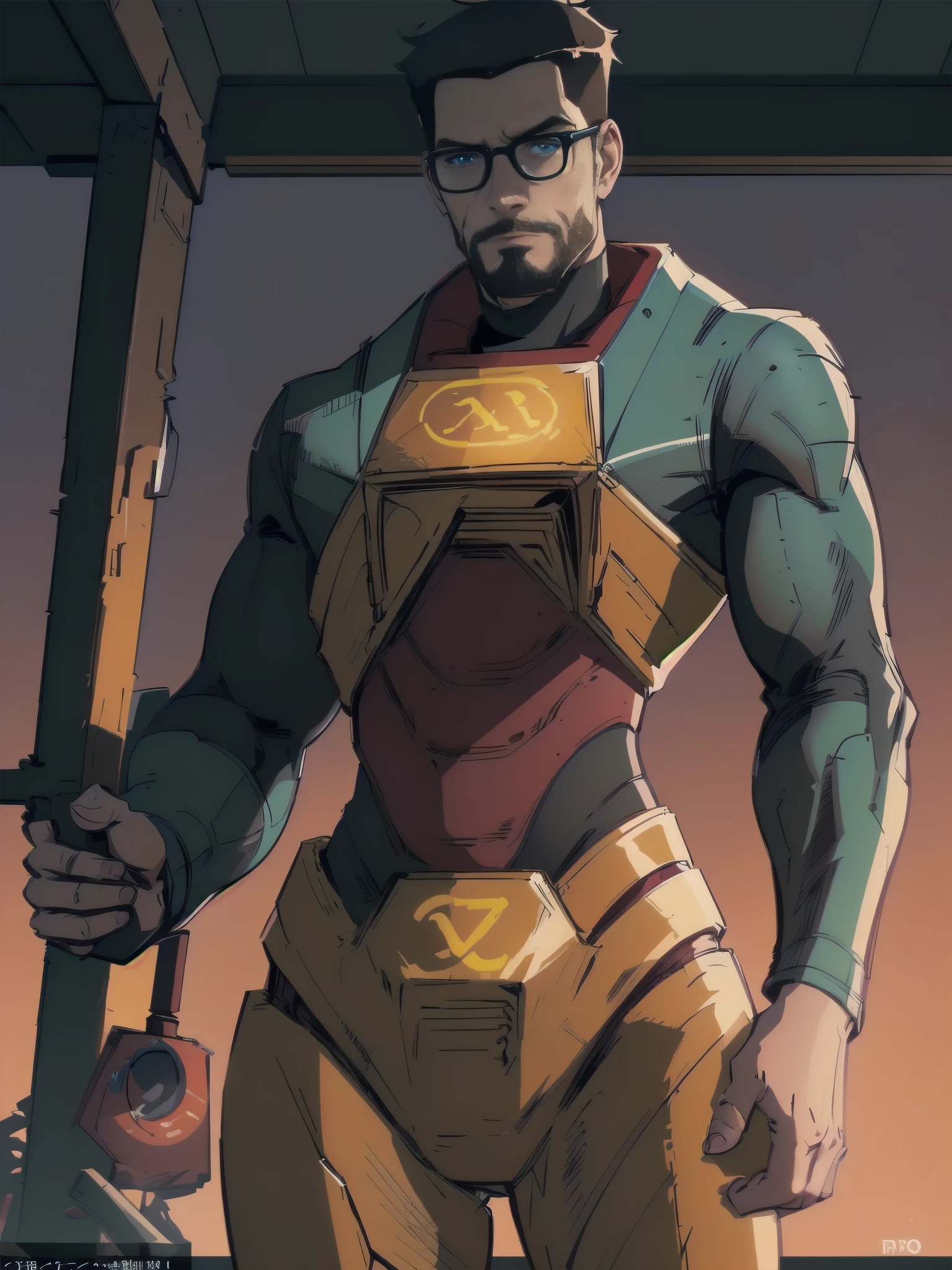 ((Gordon Freeman)),High quality portrait from the waist up of Gordon Freeman from HL2. Art by Makoto Shinkai, Crispy Roll, pixiv, Danboro, HD, shot, cinematic frame, Detailed anime, hips, digital art, Target-shading, Bright colors, ambient lighting, ((muscular body))