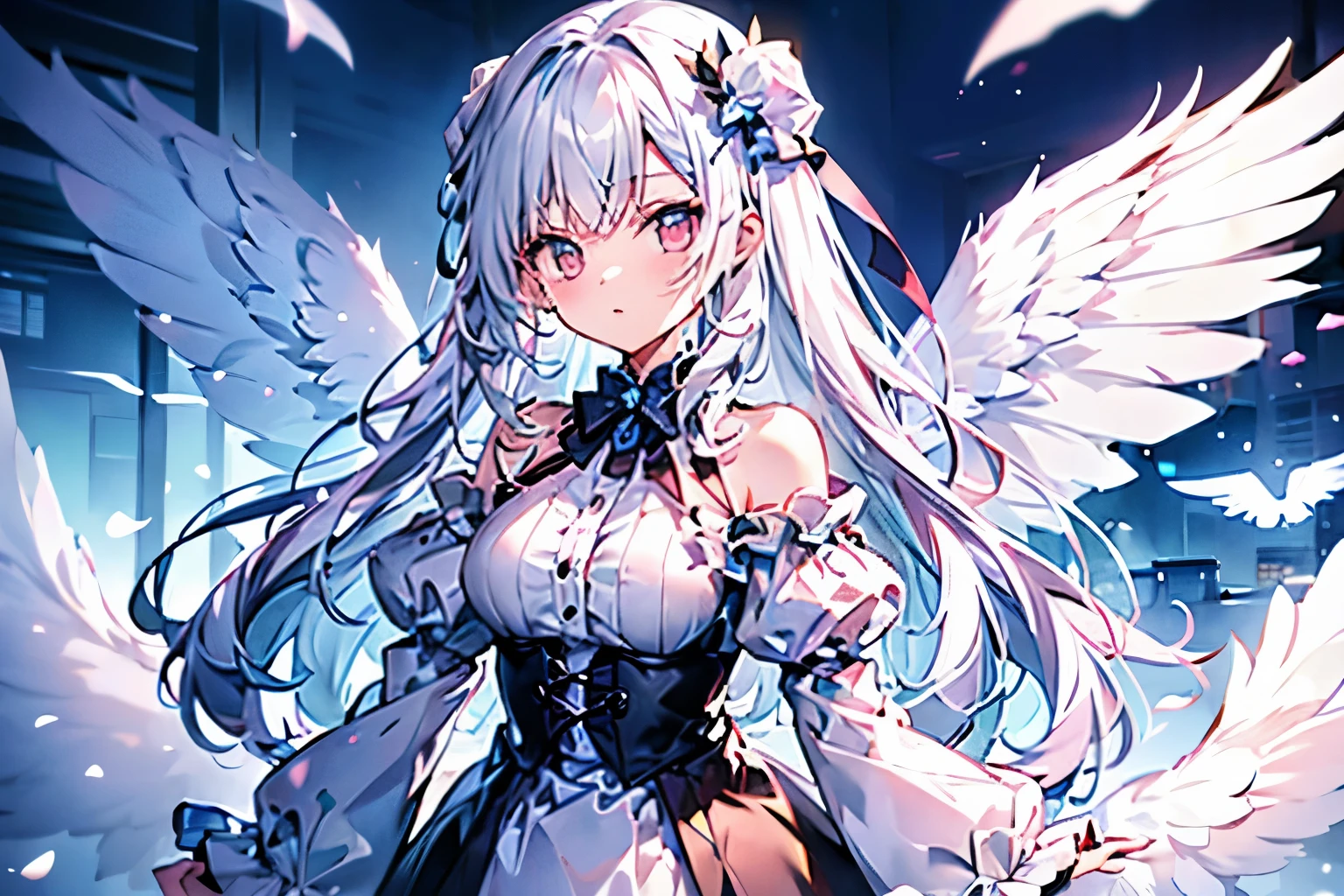 Anime girl with white hair and angel wings wearing white clothes, Digital art on pixiv, White-haired God, Pale young ghost girl, zero art, Ethereal animation, pixiv, pixiv style, Demon anime girl, A beautiful angel girl, white wings, gothic shoujo anime girl, pixiv contest winners, Astral Fairy, angelic purity, ethereal wings