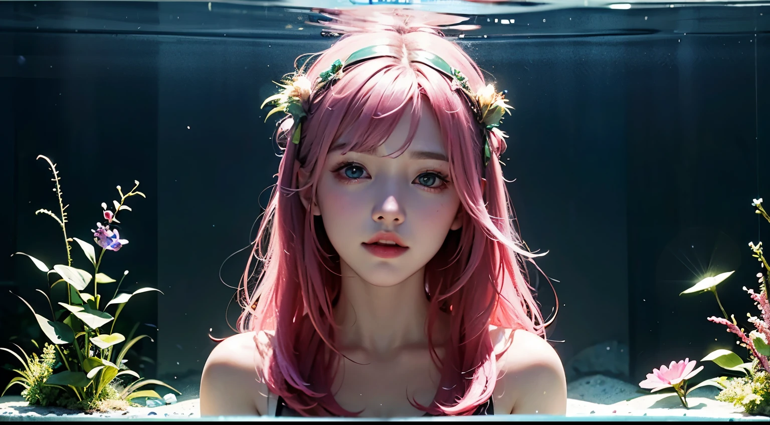 Watch the audience by standing behind a fish tank filled with fir close-ups,Long green hair,Dull hair,Pink hair accessories,sparkle eyes,Eye-catching,The corners of the mouth are upturned,HD quality wallpaper,refracted light,The water is crystal clear,The head is particularly depicted in the picture,3Drenderingof