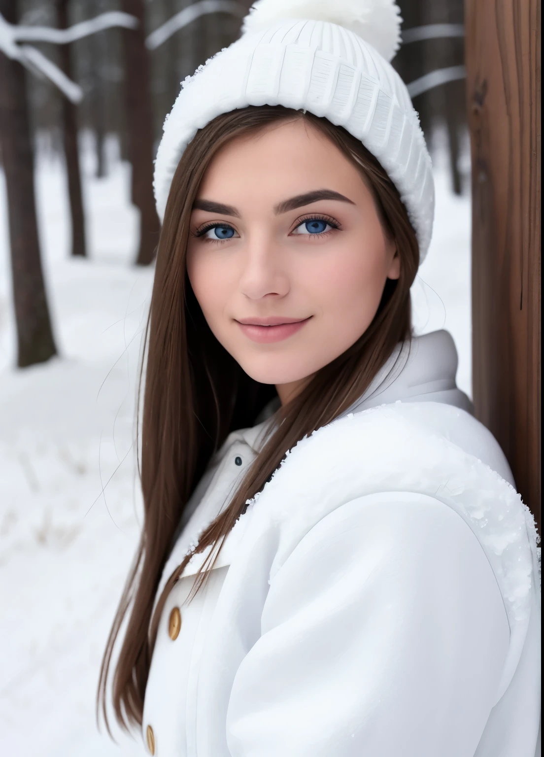 Verdel, photo of a woman standing outside, winter, (snow:1.2), white shirt, (detailed face), soft smile, detailed iris, fine eyes, whole body,
film grain, natural skin texture,