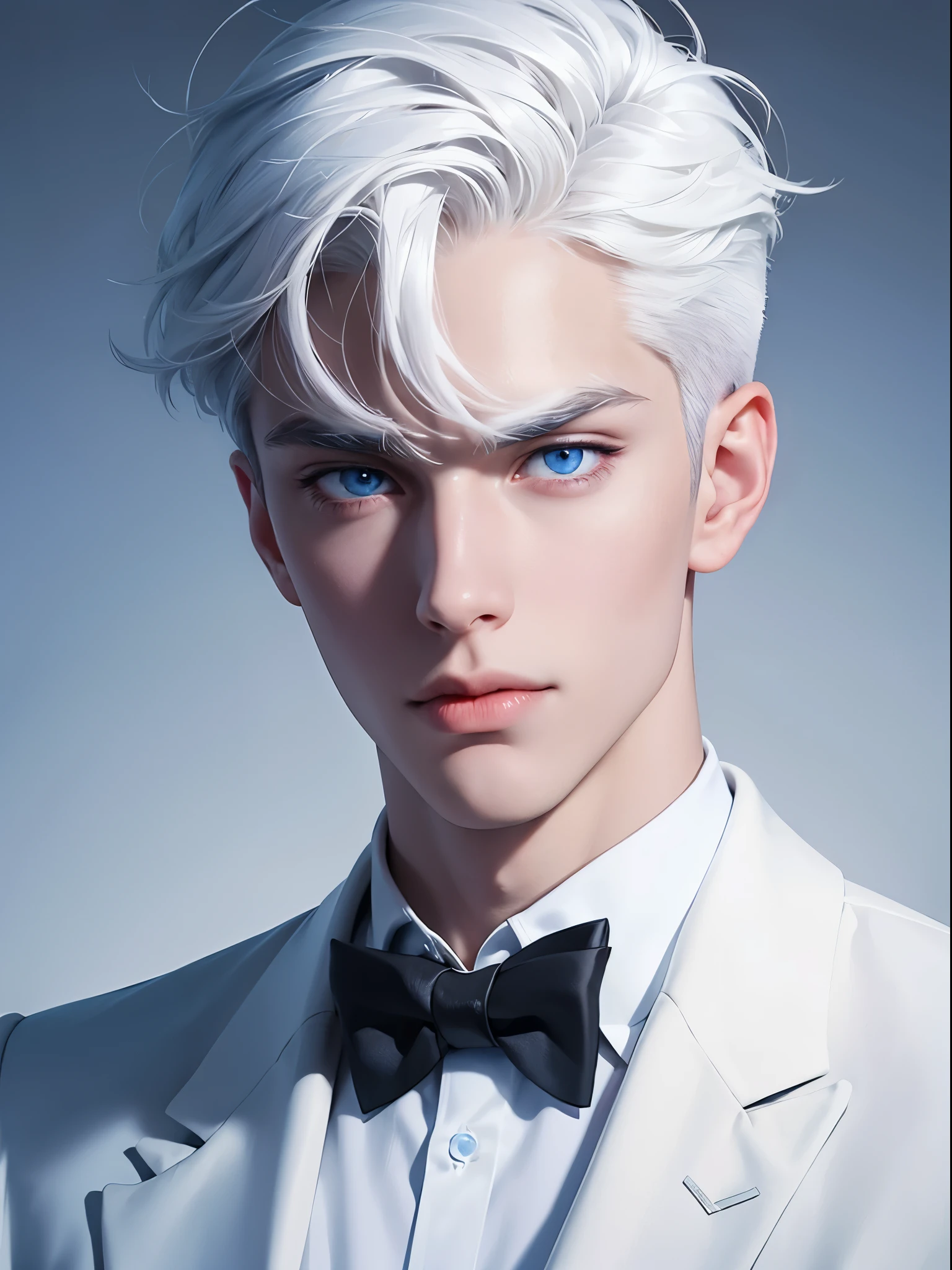 A close up of a person wearing a white suit and bow tie - SeaArt AI
