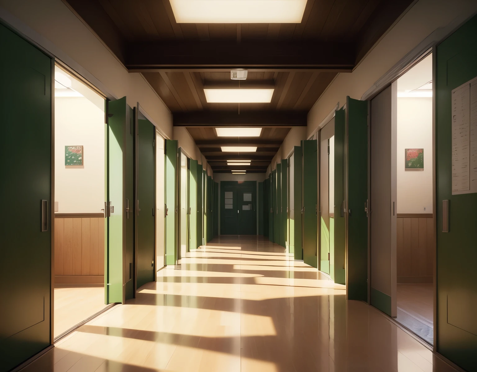 (A visual novel that will take place in a Japanese high school with a shoujo atmosphere), background in the school, (((very wide corridor))), (shelf in the middle of the changing room), (brown wooden floor)), the lockers are decorated in light green to add A touch of vitality to the area. (Vending machines for snacks and drinks next to the entrance door), (The floor is decorated with dark brown tiles) ((A clear corridor extending to the right and left is visible in the background))), leading to the side corridors of a school. Other paths leading to the school's outer courtyard and to the front of the school are also visible. Corridors and walkways are designed to be clear and easy to distinguish, and give a sense of movement and life in the area. The ceiling rises above the space, and the lighting is moderately bright from pendant lights, creating a warm and cozy atmosphere.