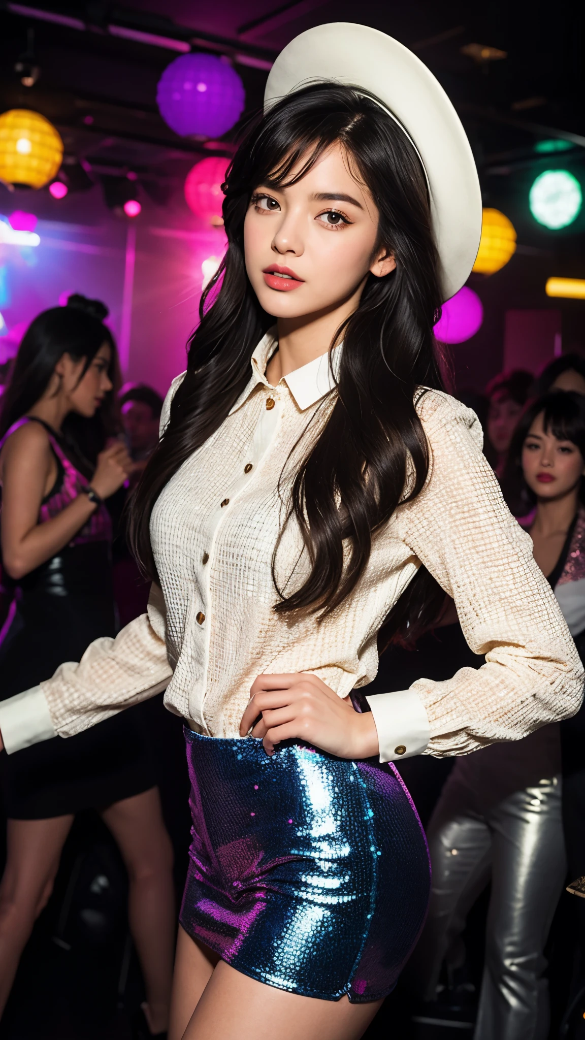 (Ultra-detailed eyes), (((textile shading))), (((Best Quality))), (((masterpiece))) sassy girl, (((realistic))), 1 girl, solo, black hair, black hair, black hair, black hair, unusual retro hairstyles choices, (long hair, gorgeous hair)), Pink eyes, (((retro disco Outfits))), ((disco pose)), (gorgeous, sassy, it girl), fancy jewelry, in disco party 80s, strong night disco party atmosphere, strong disco atmosphere, cowboy shot, midshot, front look, centered image, eye on camera, bright ensemble features a pair of sparkly bell-bottoms, a white blouse, and a funky pink cowboy hat for a pop of color. rainbow sparkling color, unusual fashion choices