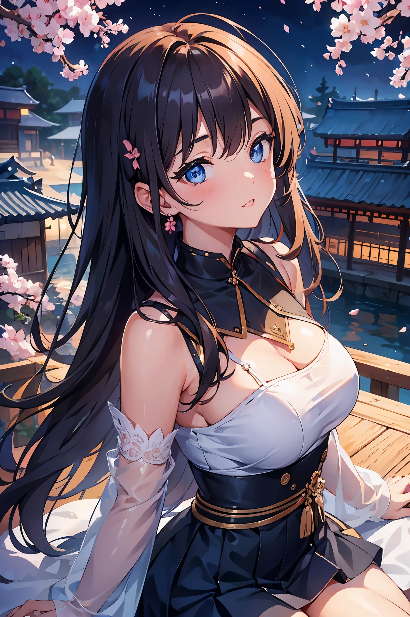 1 female、whole body、bottom angle、brown hair、long hair、well-groomed face、dense lips、blue eyes、blue one piece、valley、slim、mini skirt、cherry blossoms、cherry blossoms吹雪、petal、Kyoto、old buildings、night、full moon、masterpiece、ultra high resolution、delicate、perfect lighting、sunlight、16K